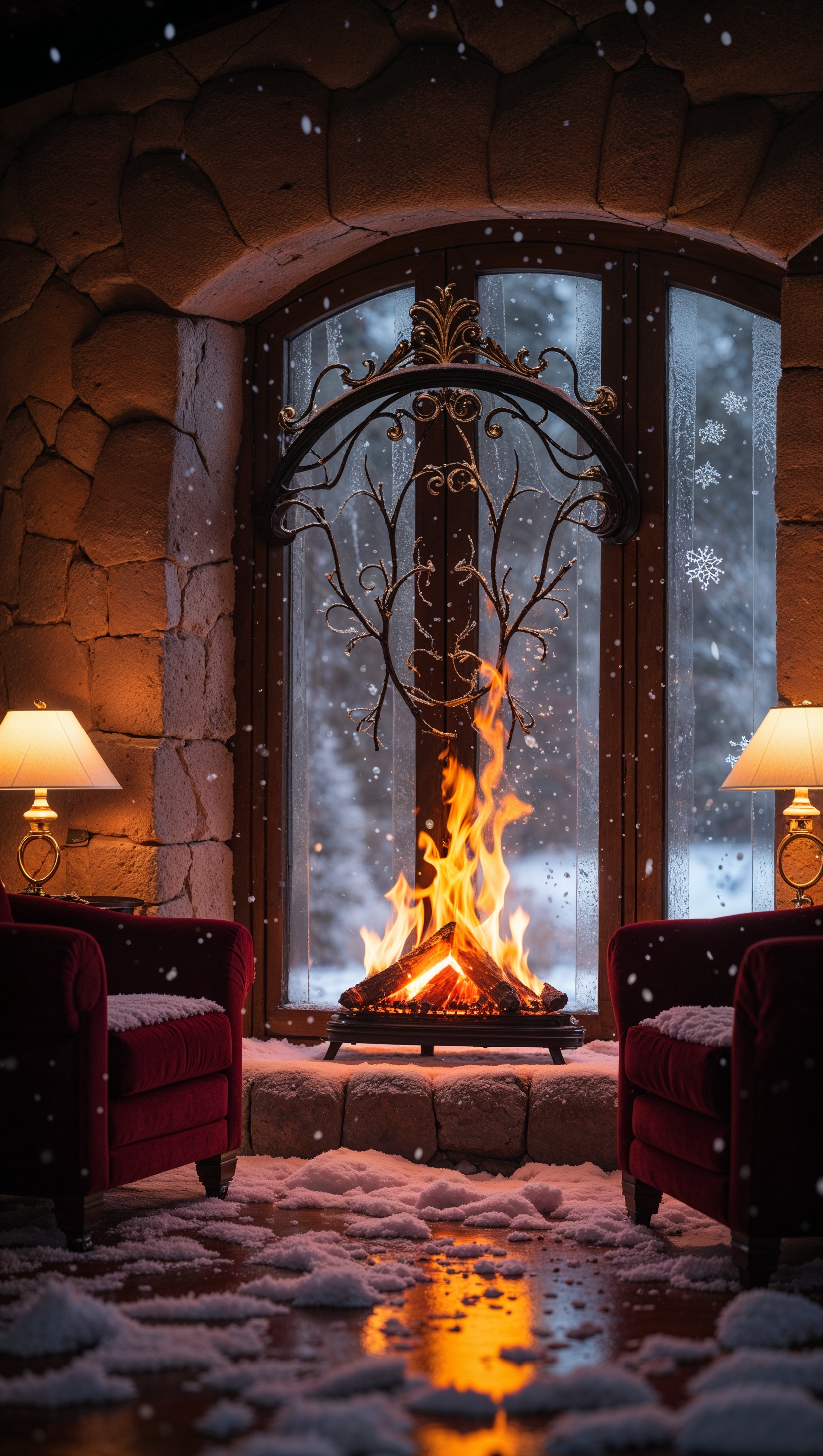 Warm fireplace scene with snow falling outside the window