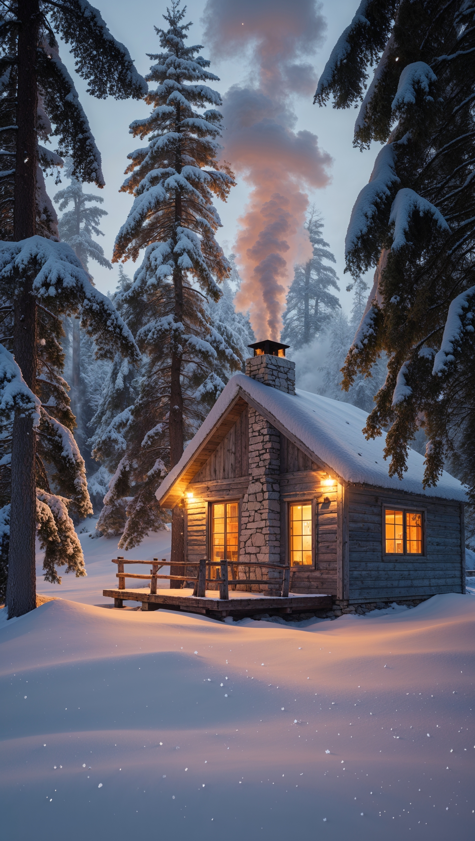 A cozy cabin in the snowy woods, soft lights glowing inside