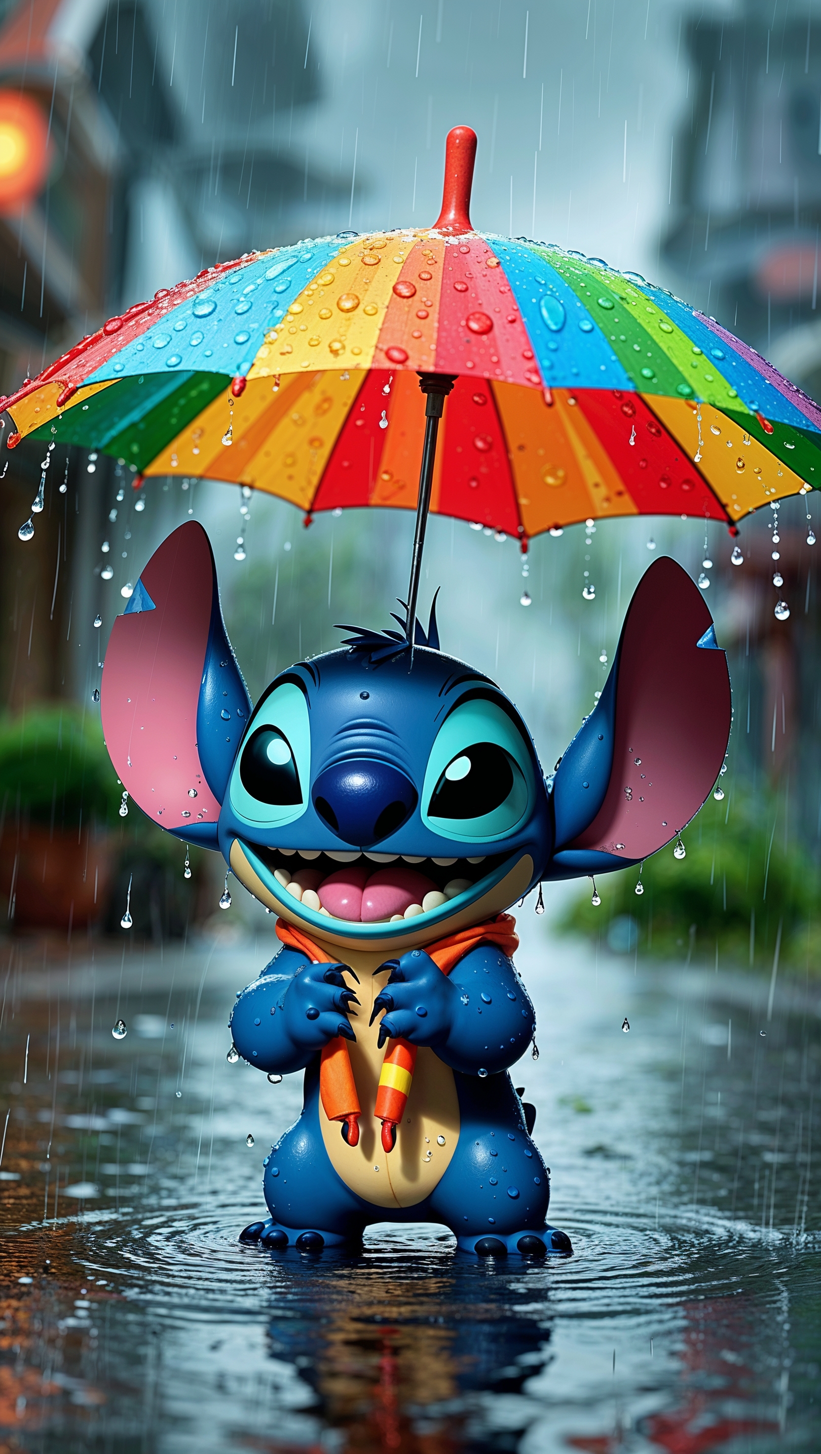 Stitch in the rain holding a colorful umbrella