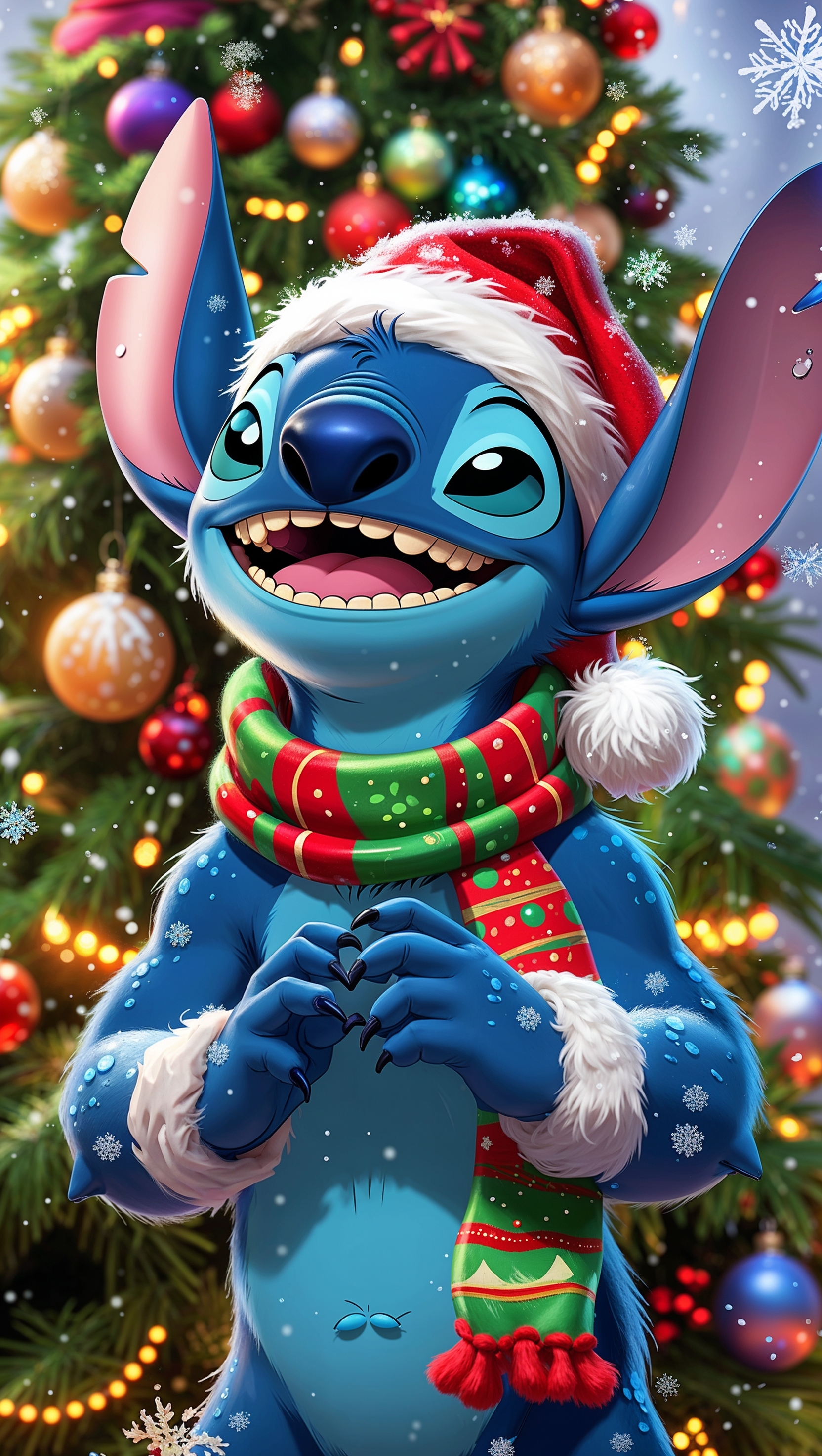 Stitch in Christmas outfit next to a decorated tree