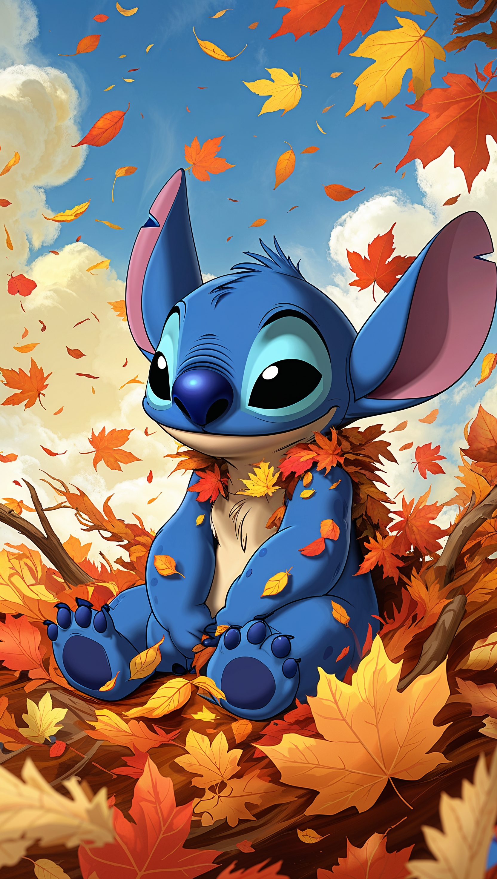 Stitch among falling autumn leaves