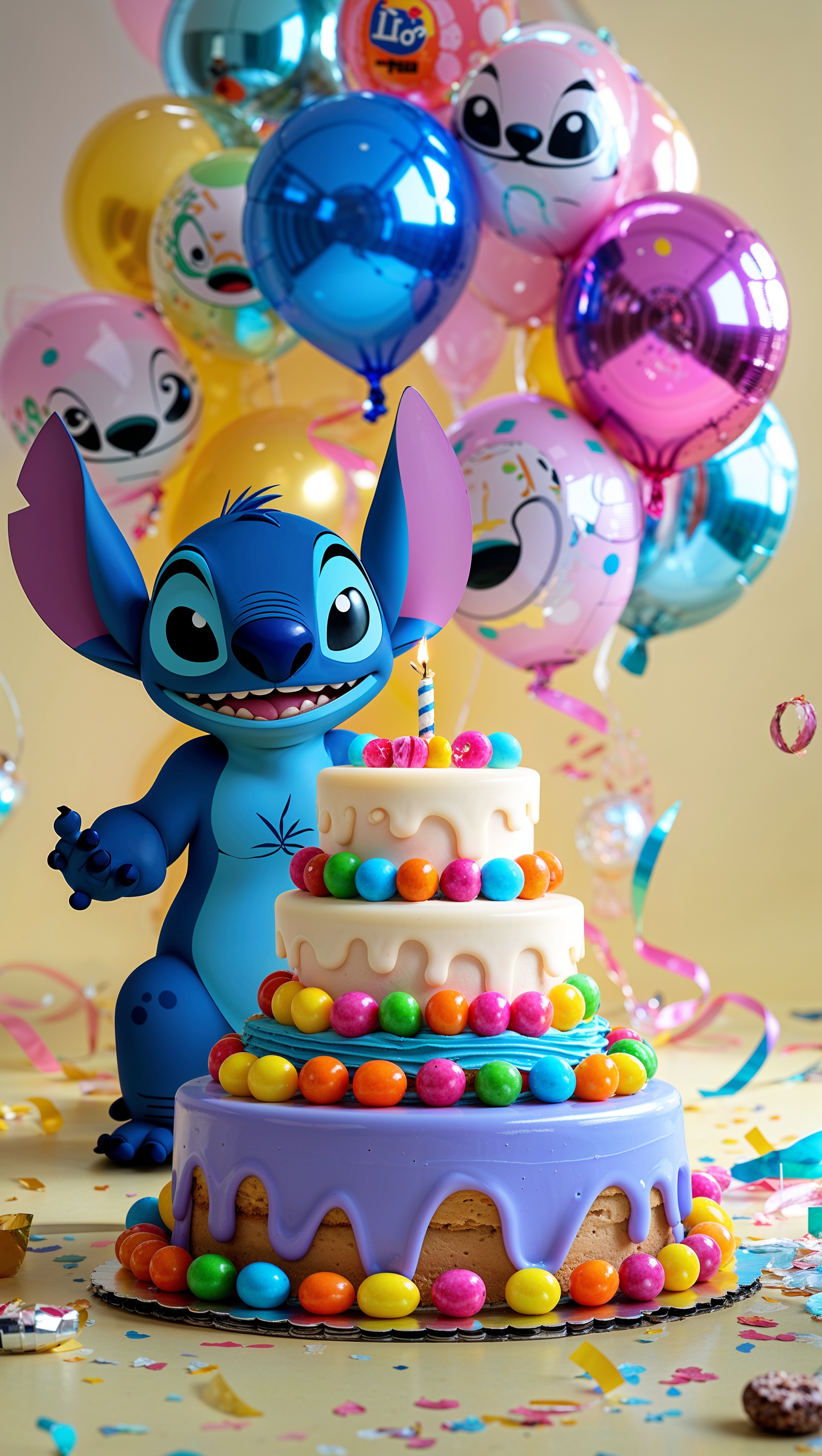 Stitch with a birthday cake and balloons