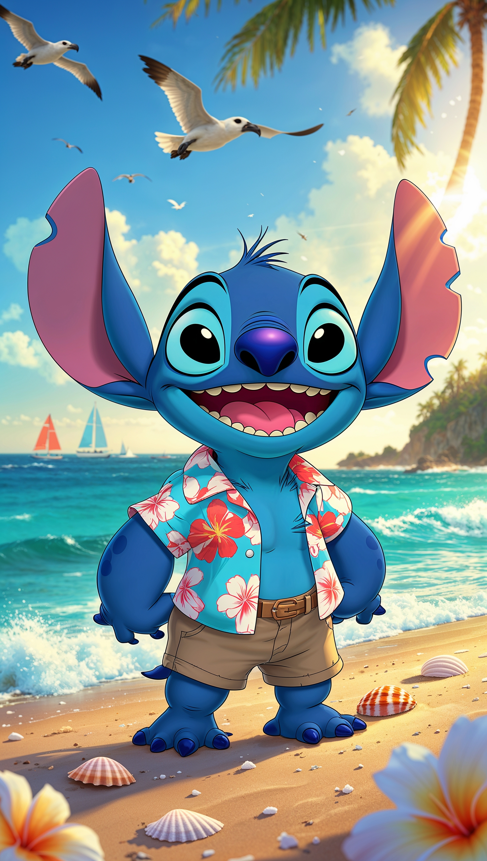 Stitch in summer clothes near the ocean