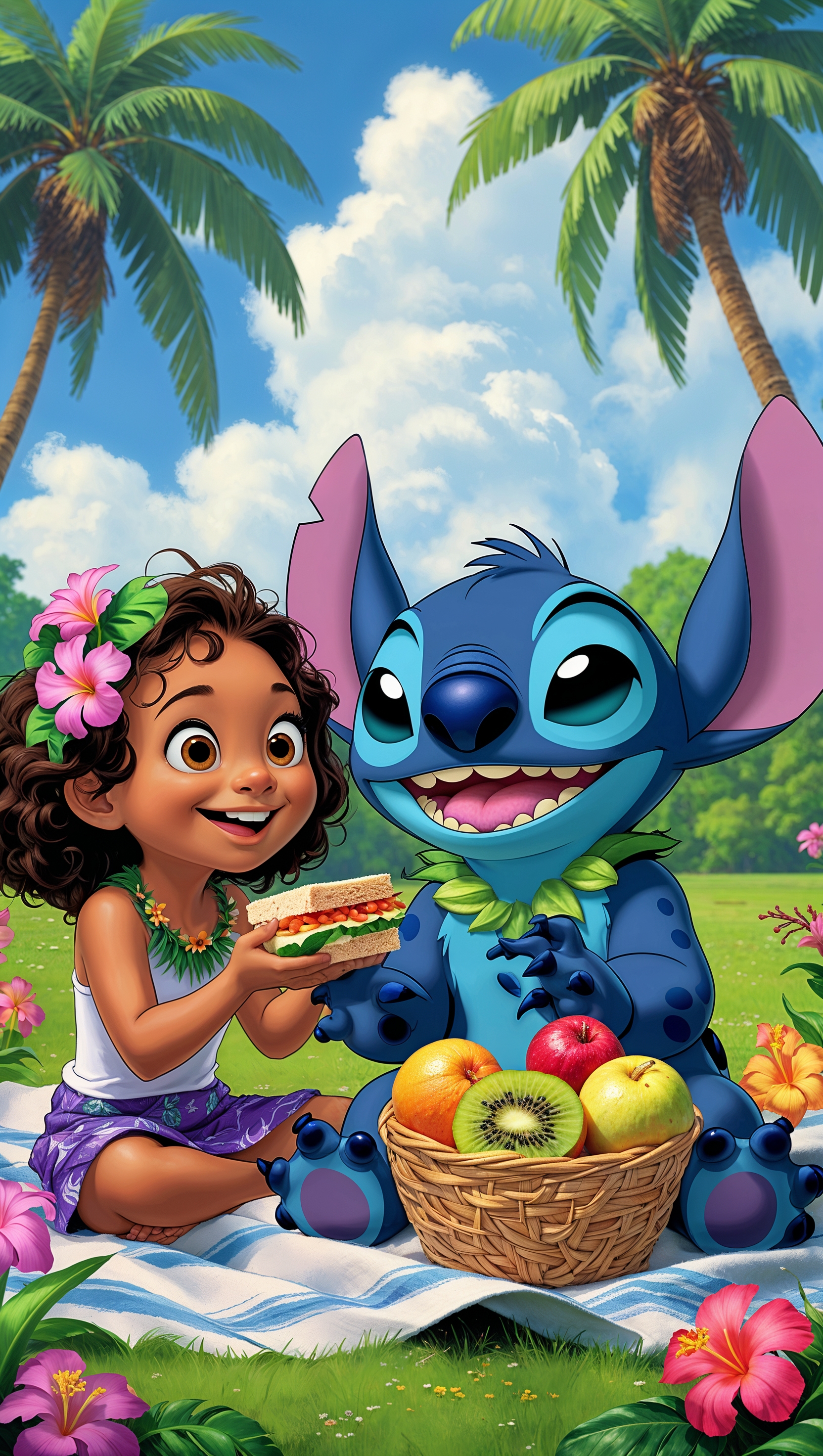 Stitch and Lilo together in a park