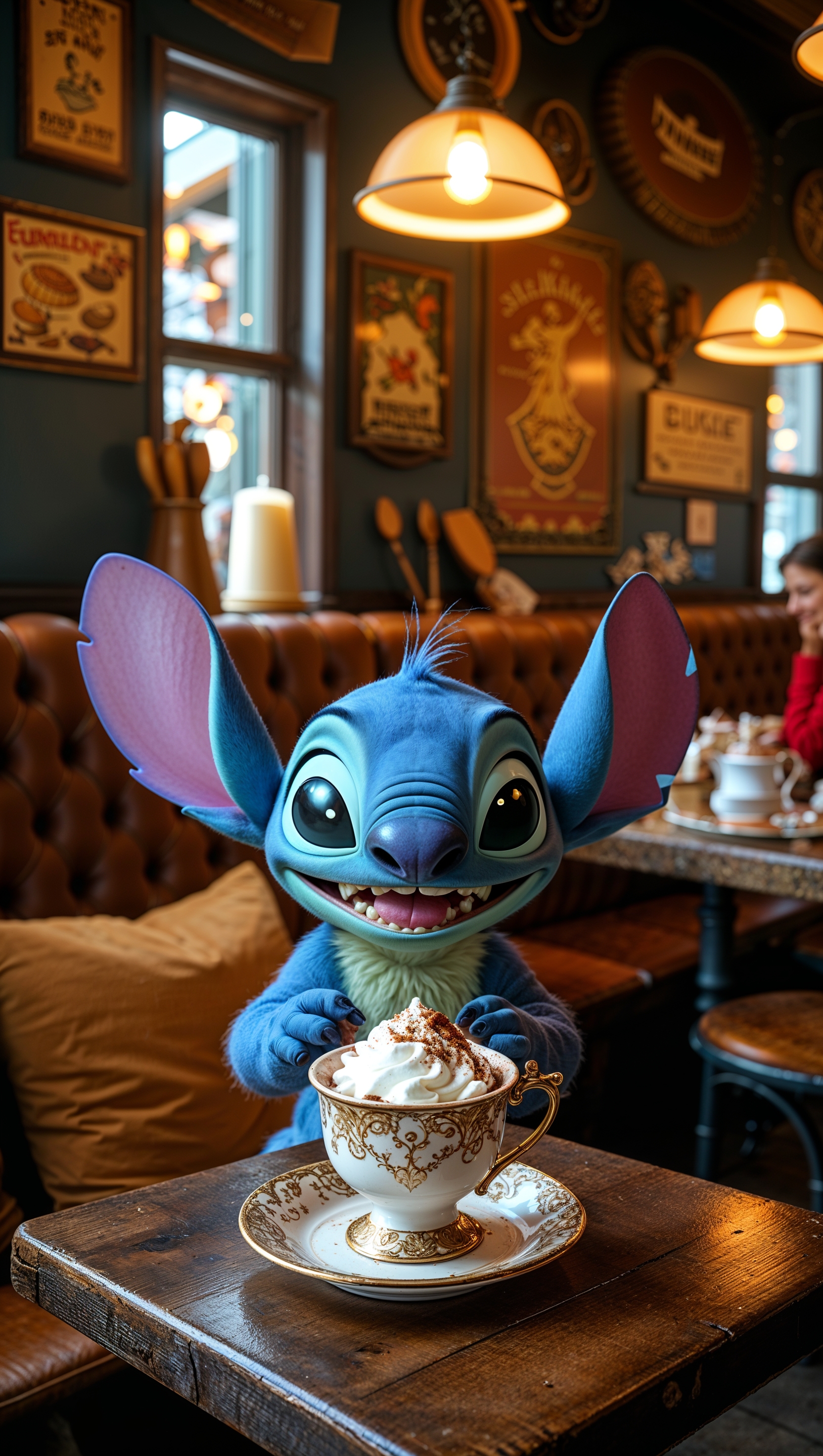 Stitch in a cute cafe with a cup of cocoa