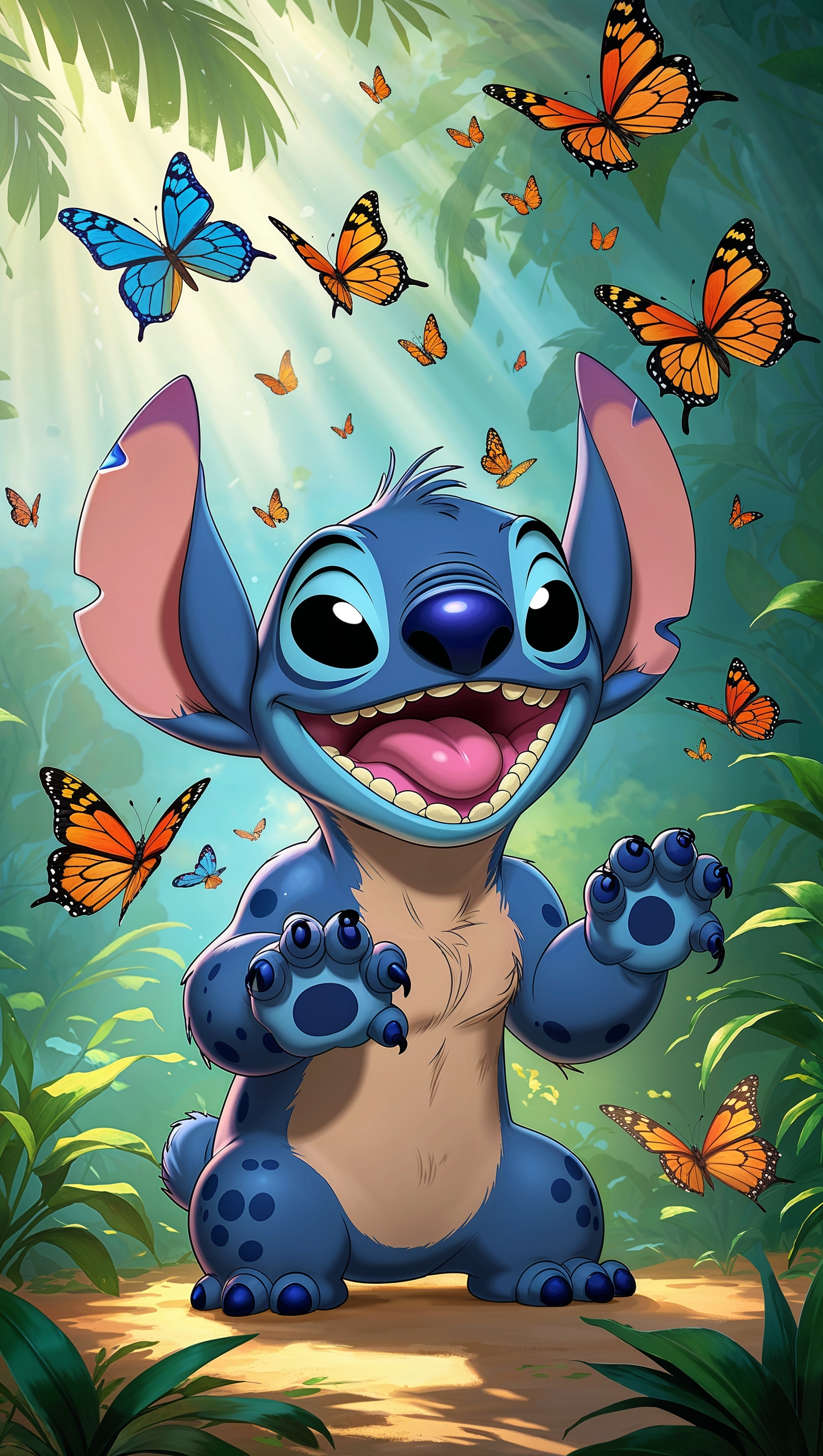 Stitch playing with butterflies