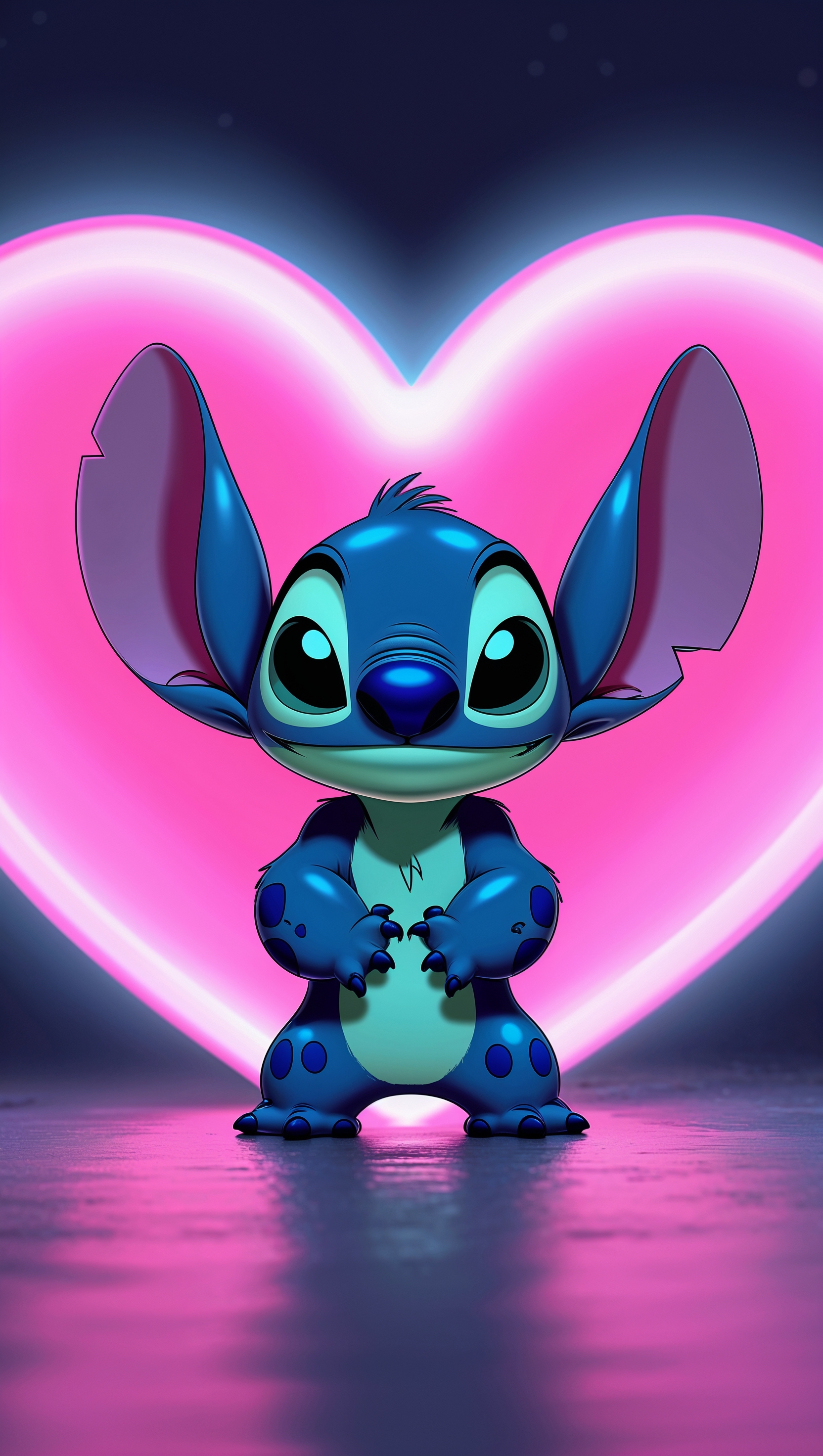 Stitch with a big pink heart in the background