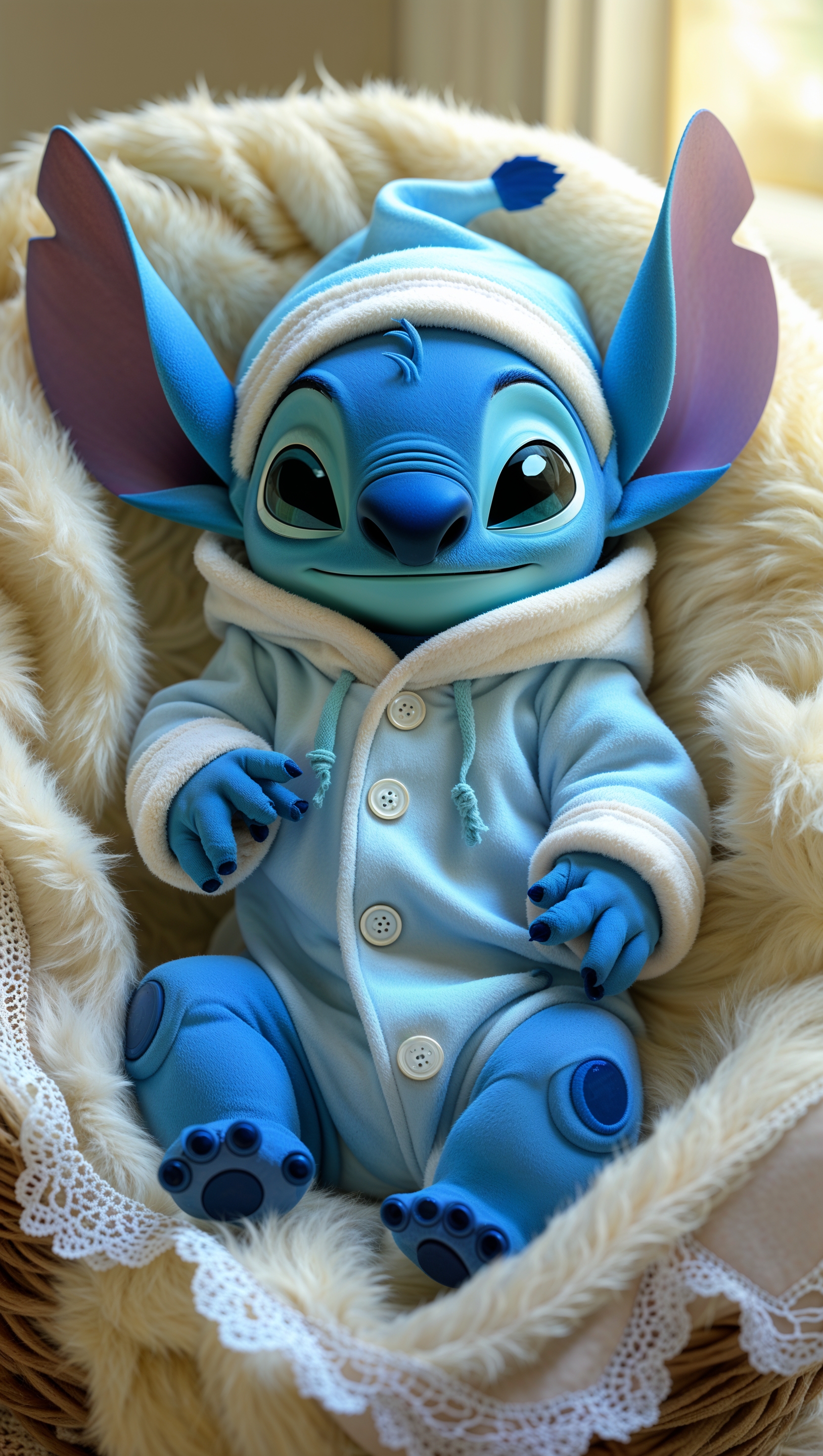 Stitch in baby clothes with a fluffy blanket