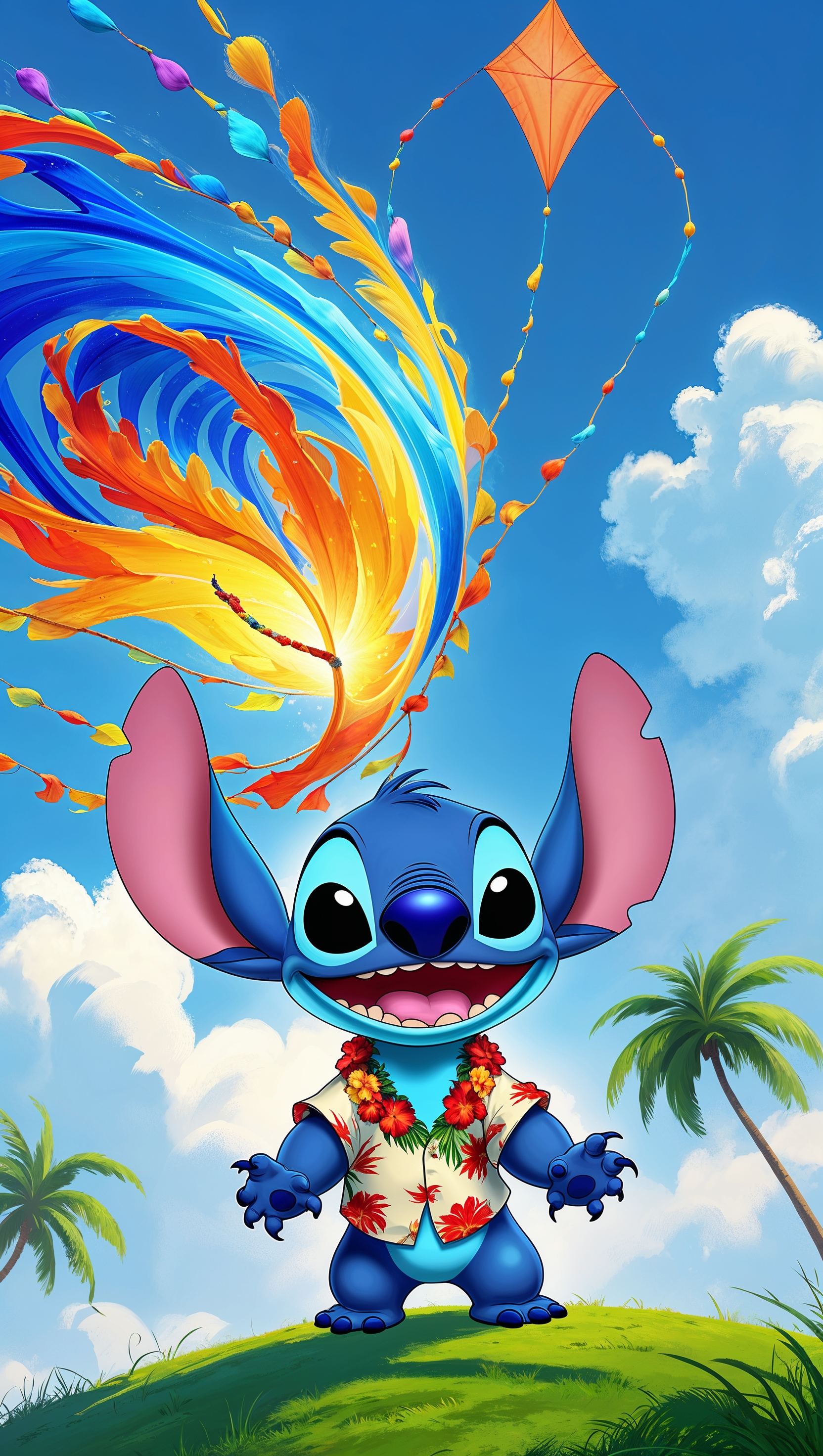 Stitch flying a colorful kite