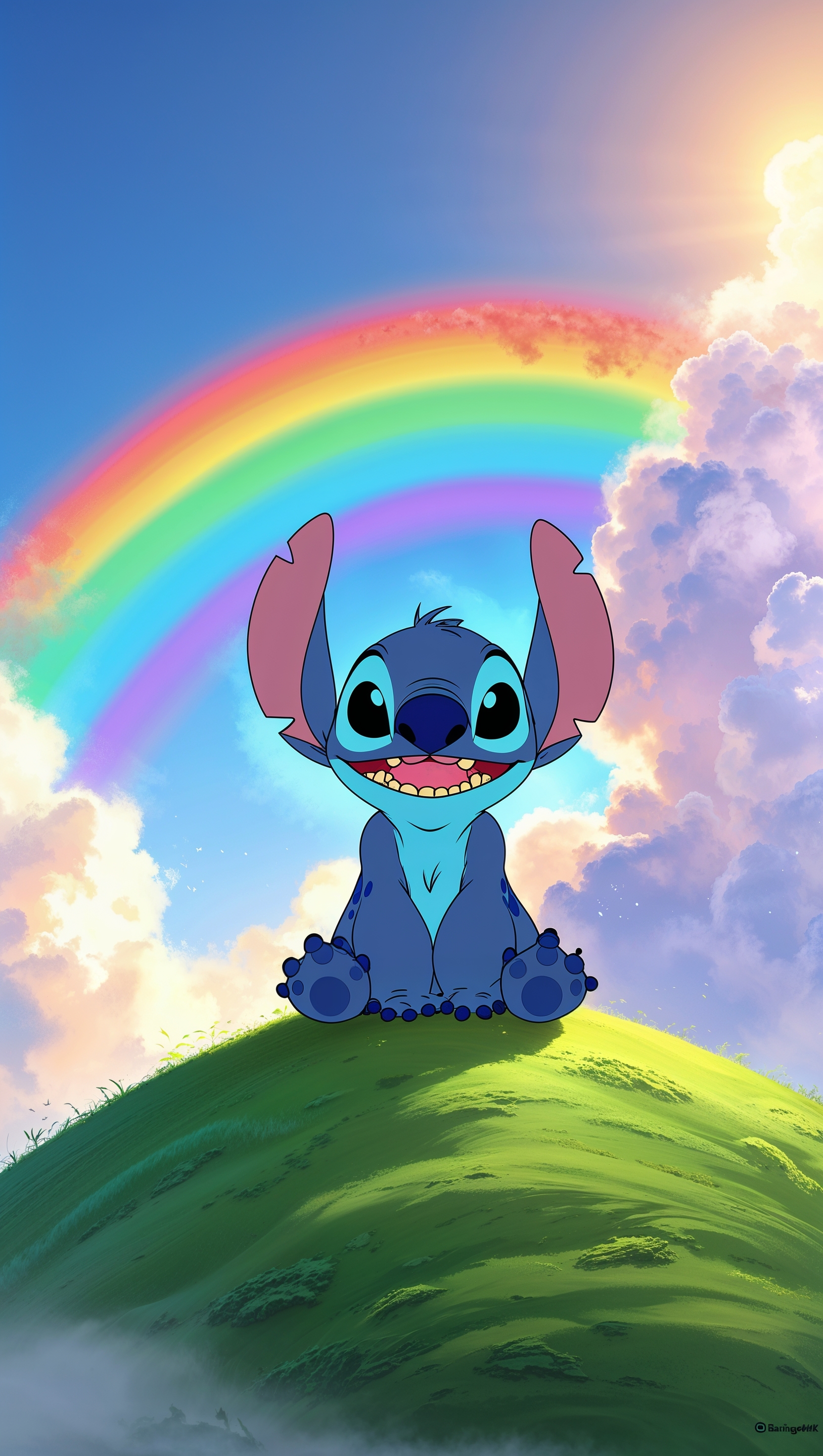 Stitch on a hill with a rainbow background
