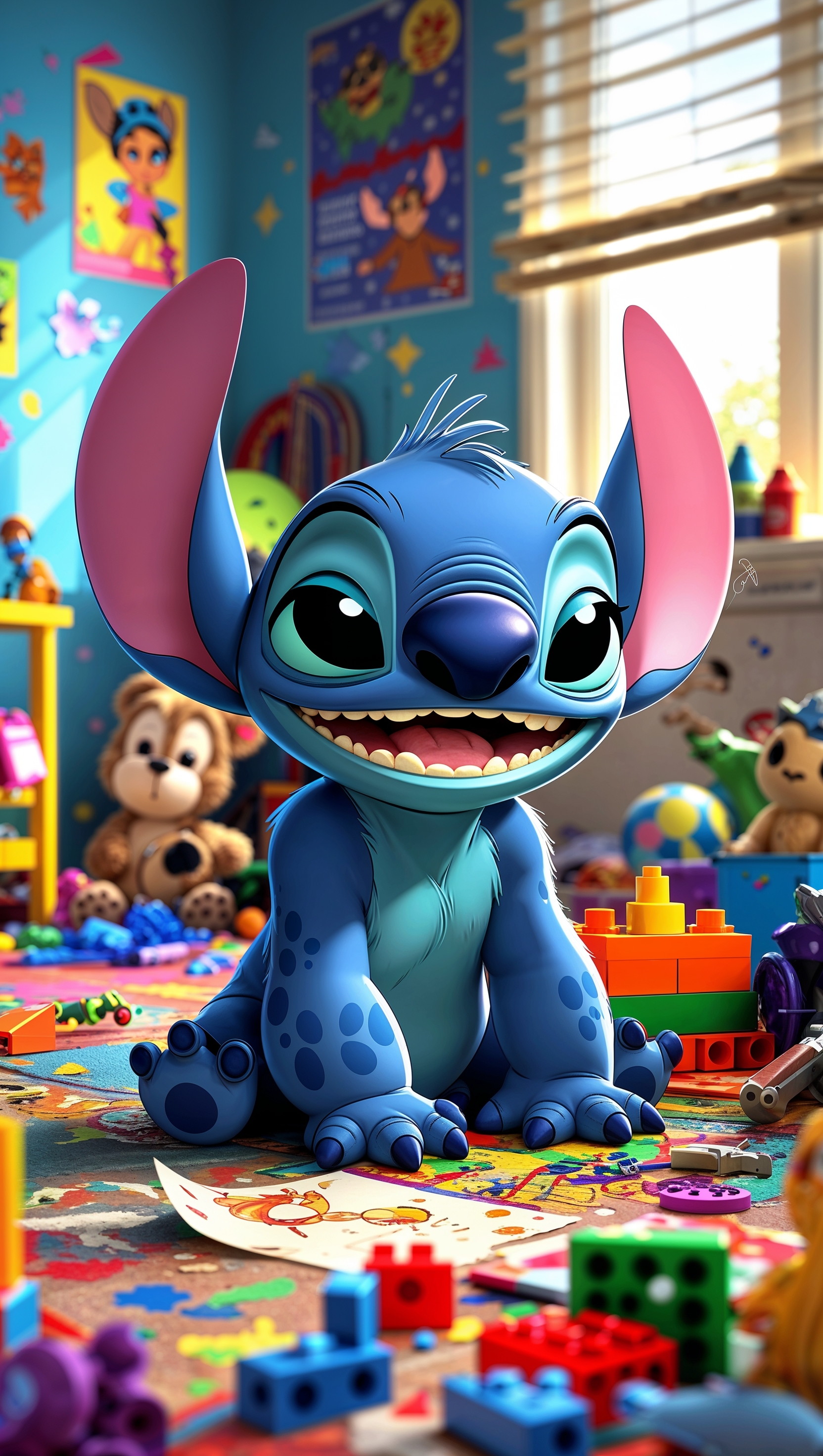 Stitch in a kid’s room with toys