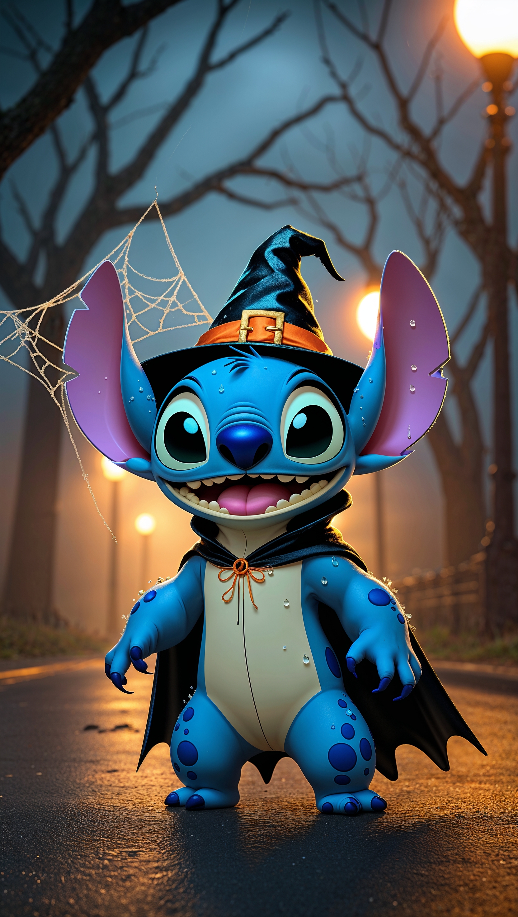 Stitch in Halloween costume on a foggy night