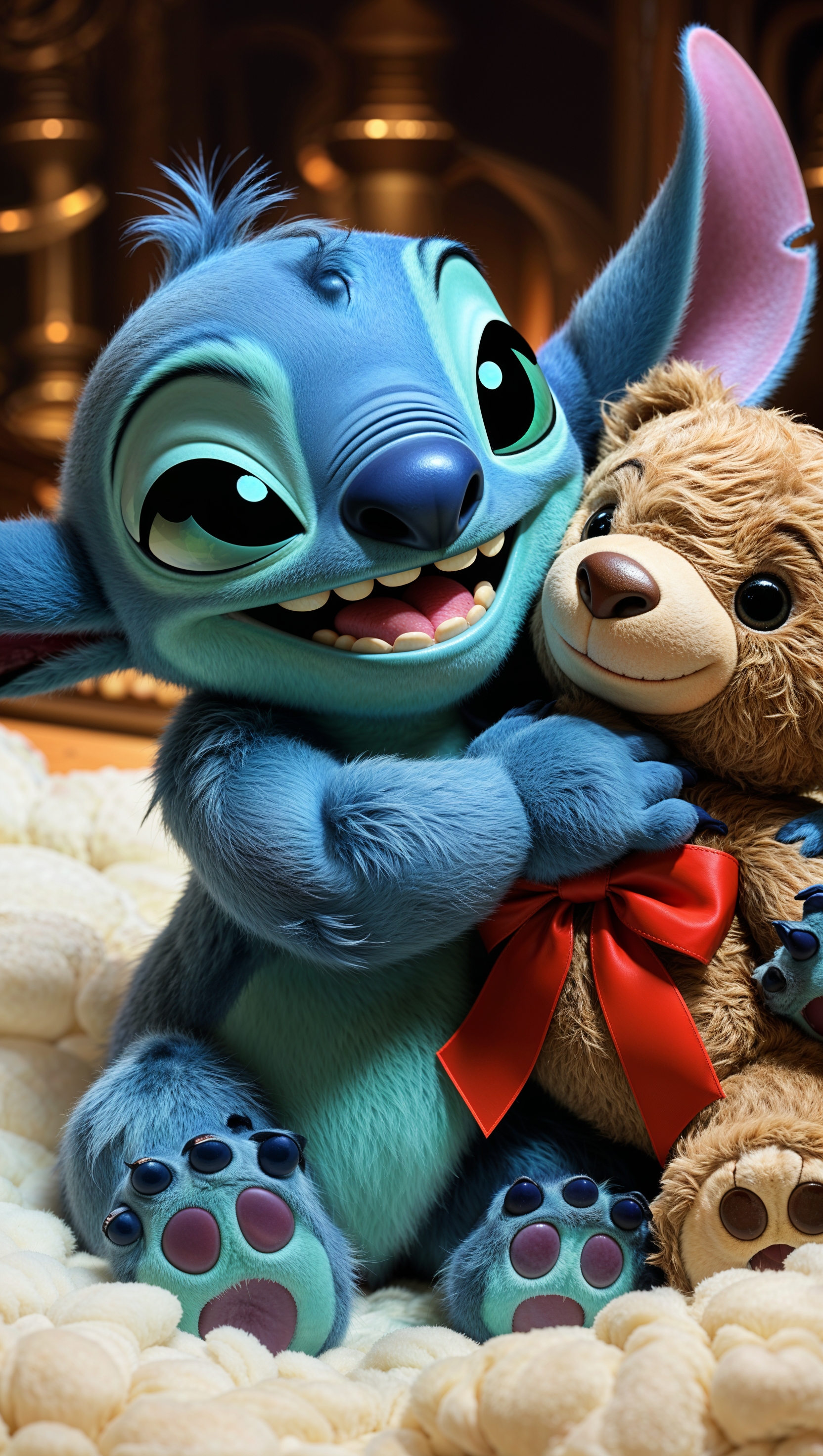 Stitch hugging a teddy bear