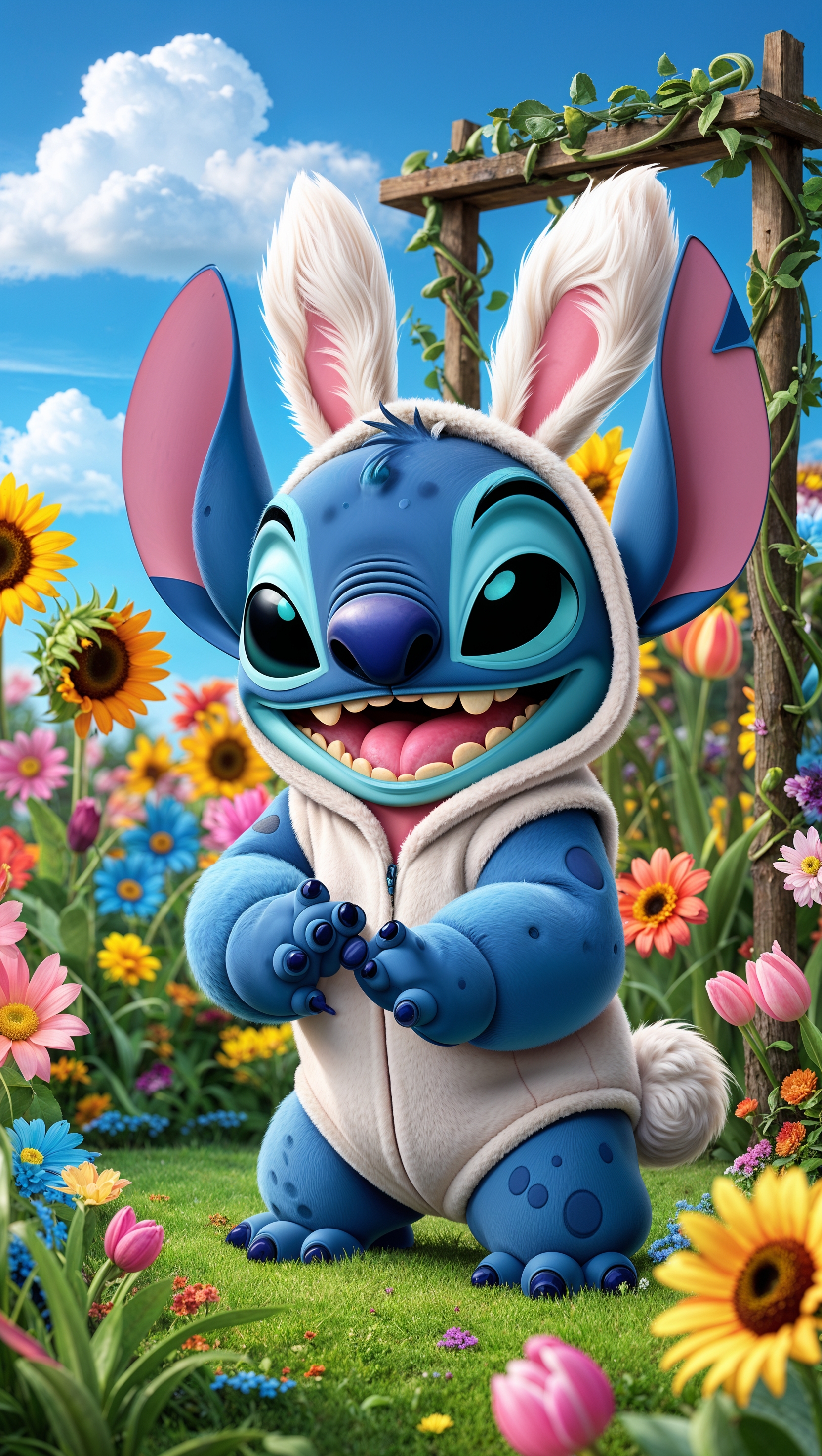 Stitch dressed as a bunny in a flower garden