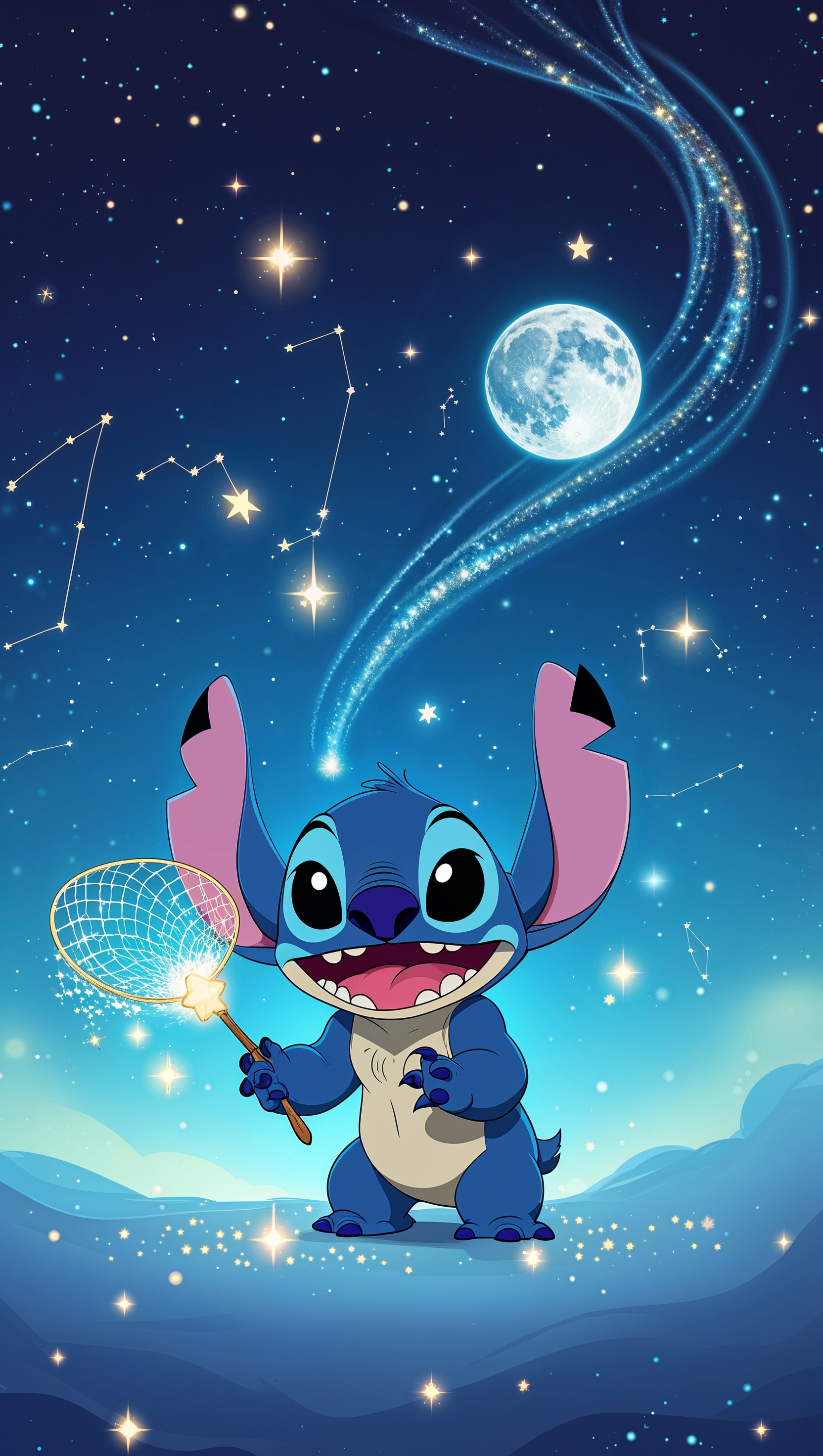 Stitch catching stars in the night sky
