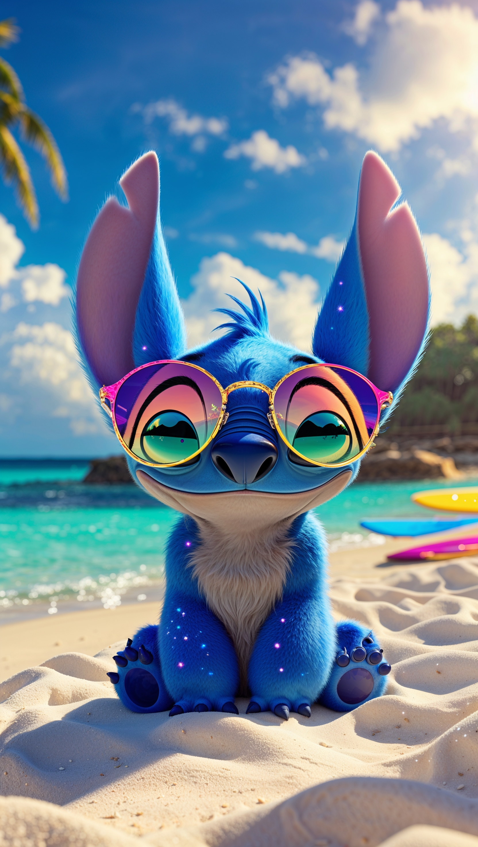 Stitch wearing sunglasses on a sunny beach