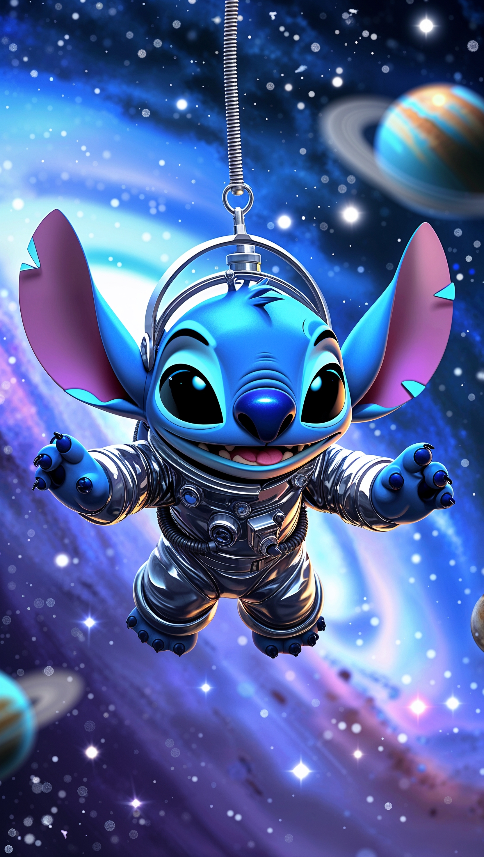 Stitch in a space suit floating among stars