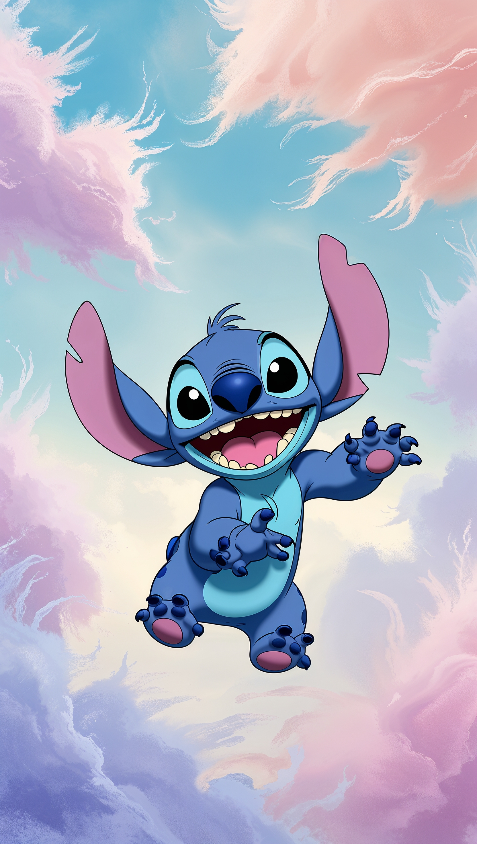 Stitch on pastel clouds in the sky