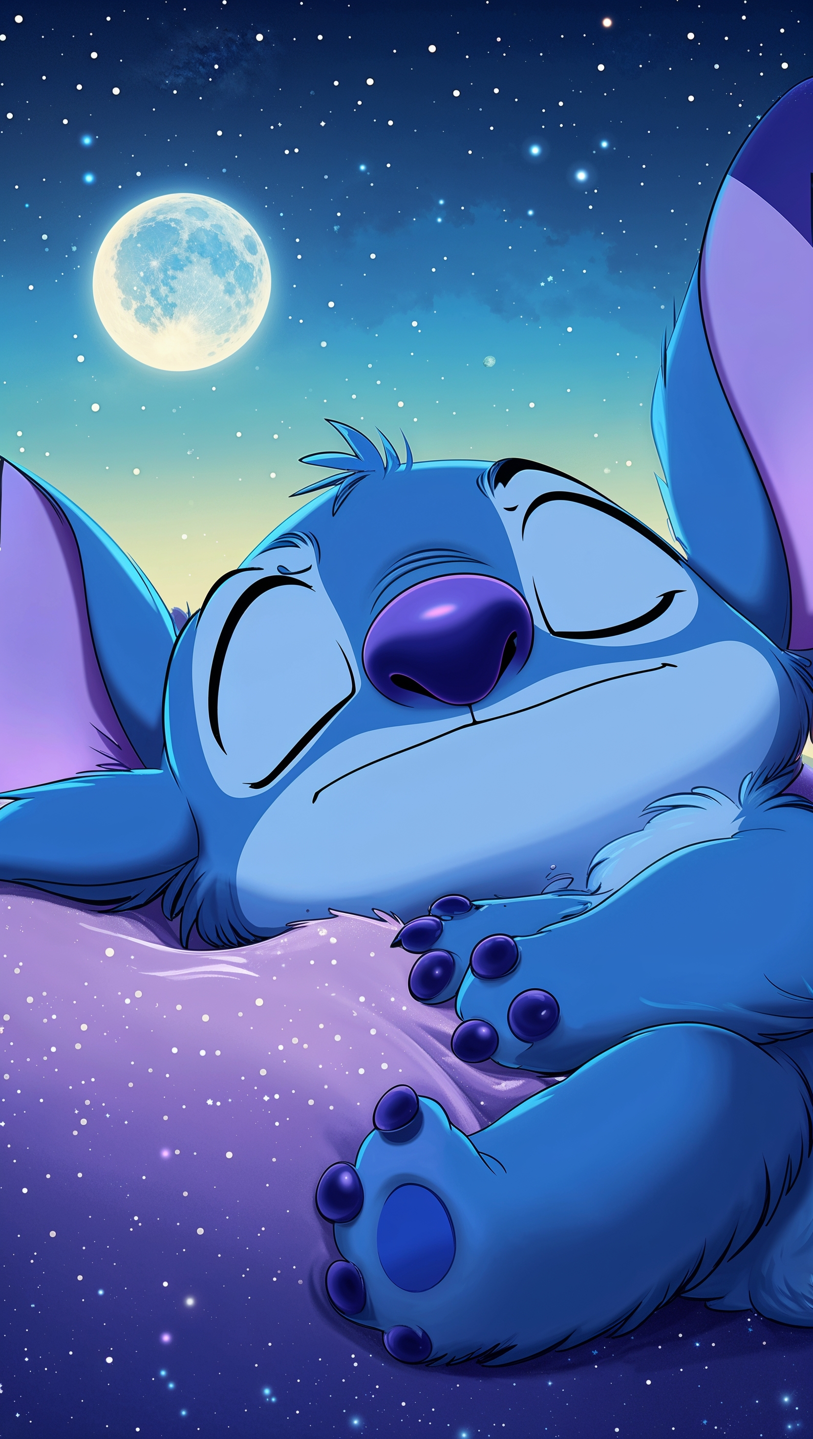 Cute Stitch sleeping under the night sky