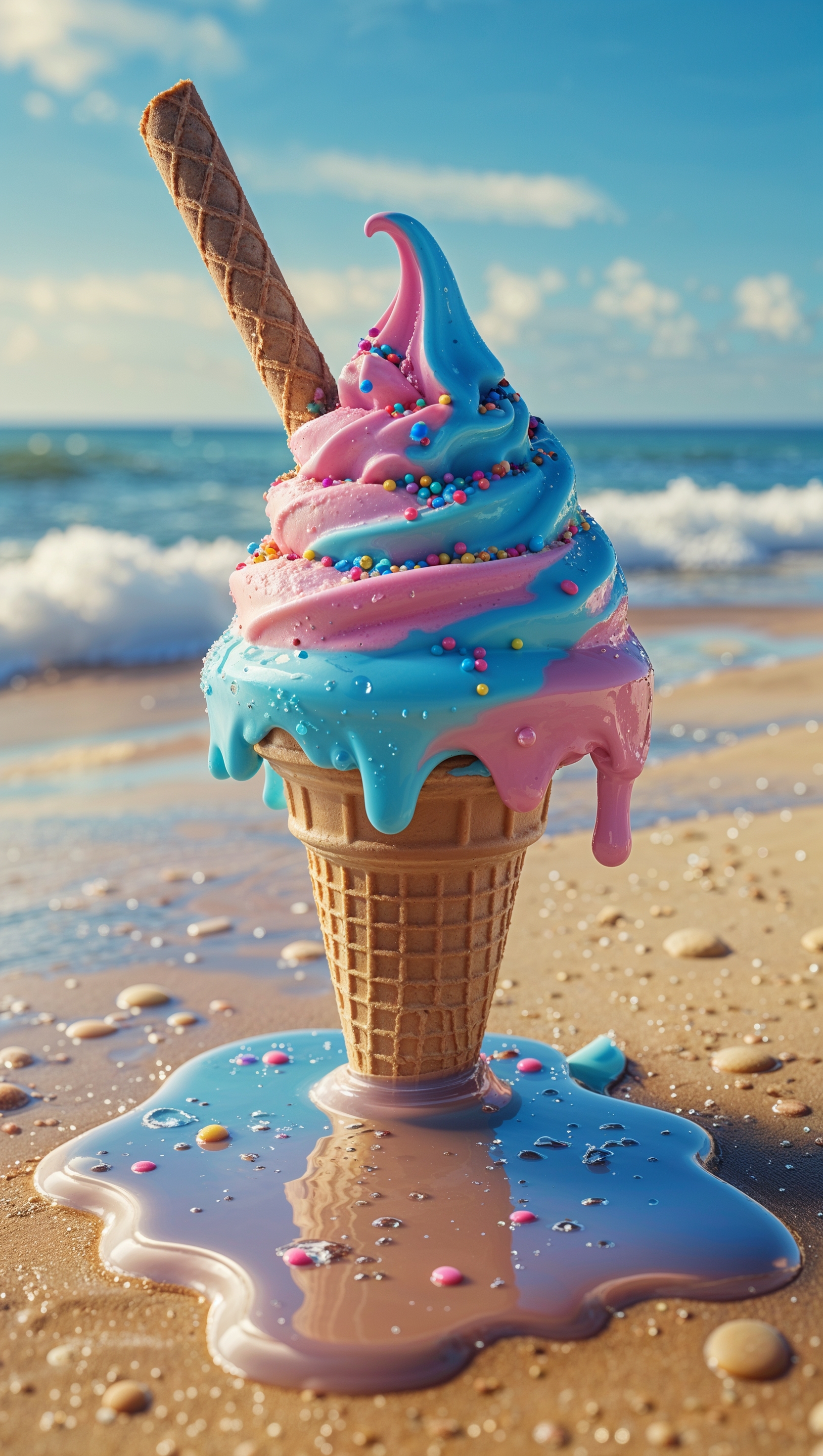 Cute design of melting ice cream on the sandy beach