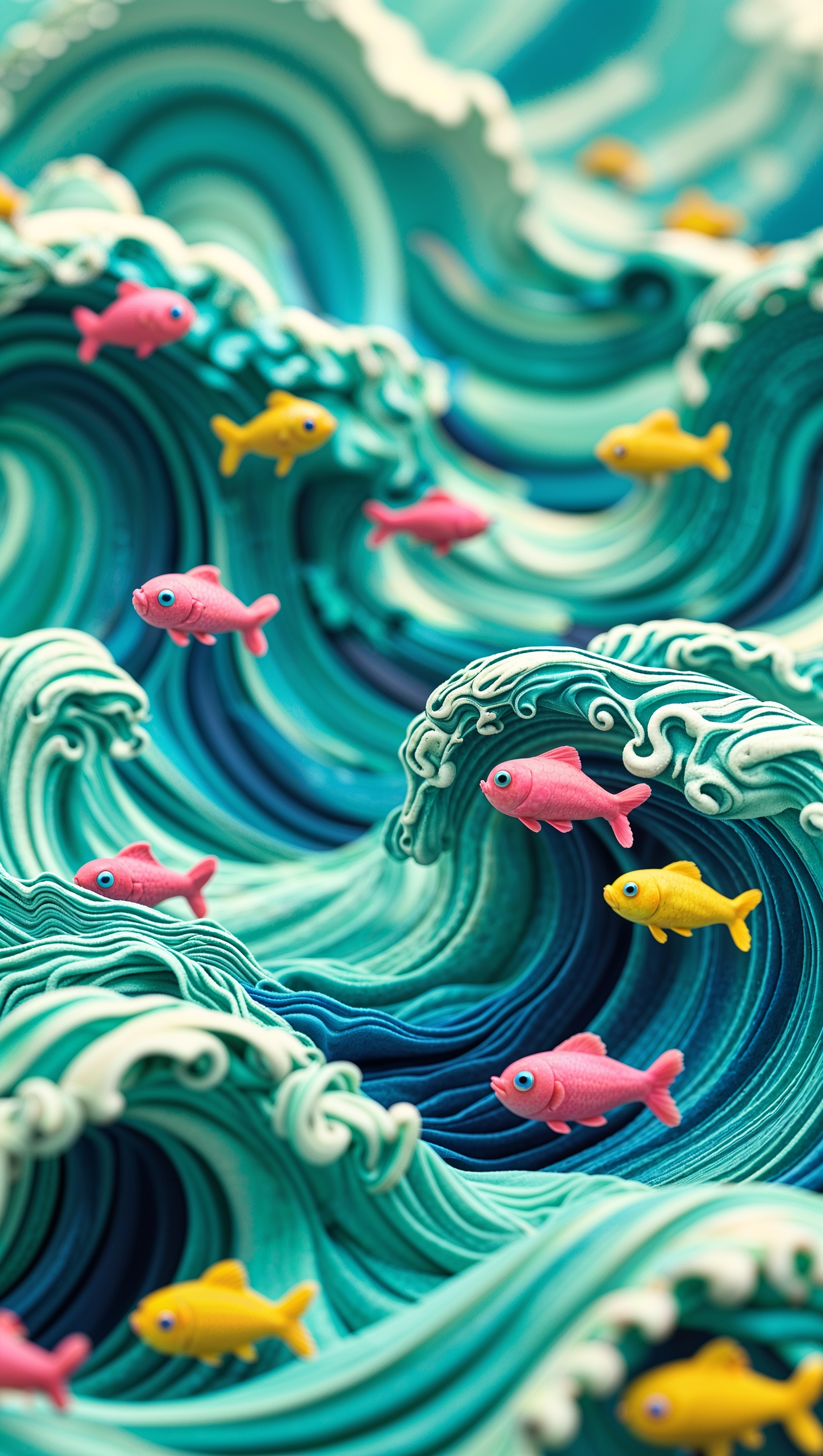 Cartoon wallpaper of ocean waves and tiny colorful fish
