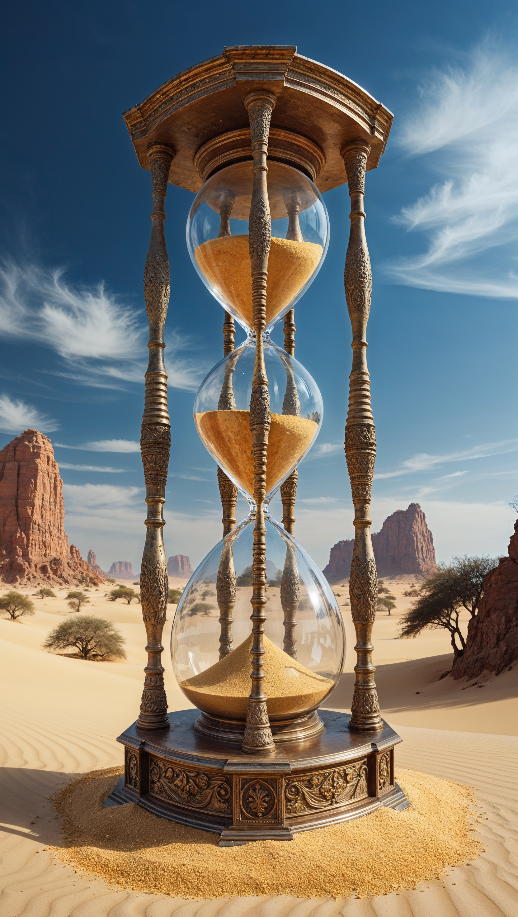 A giant hourglass in the desert, showing the passage of time and fate
