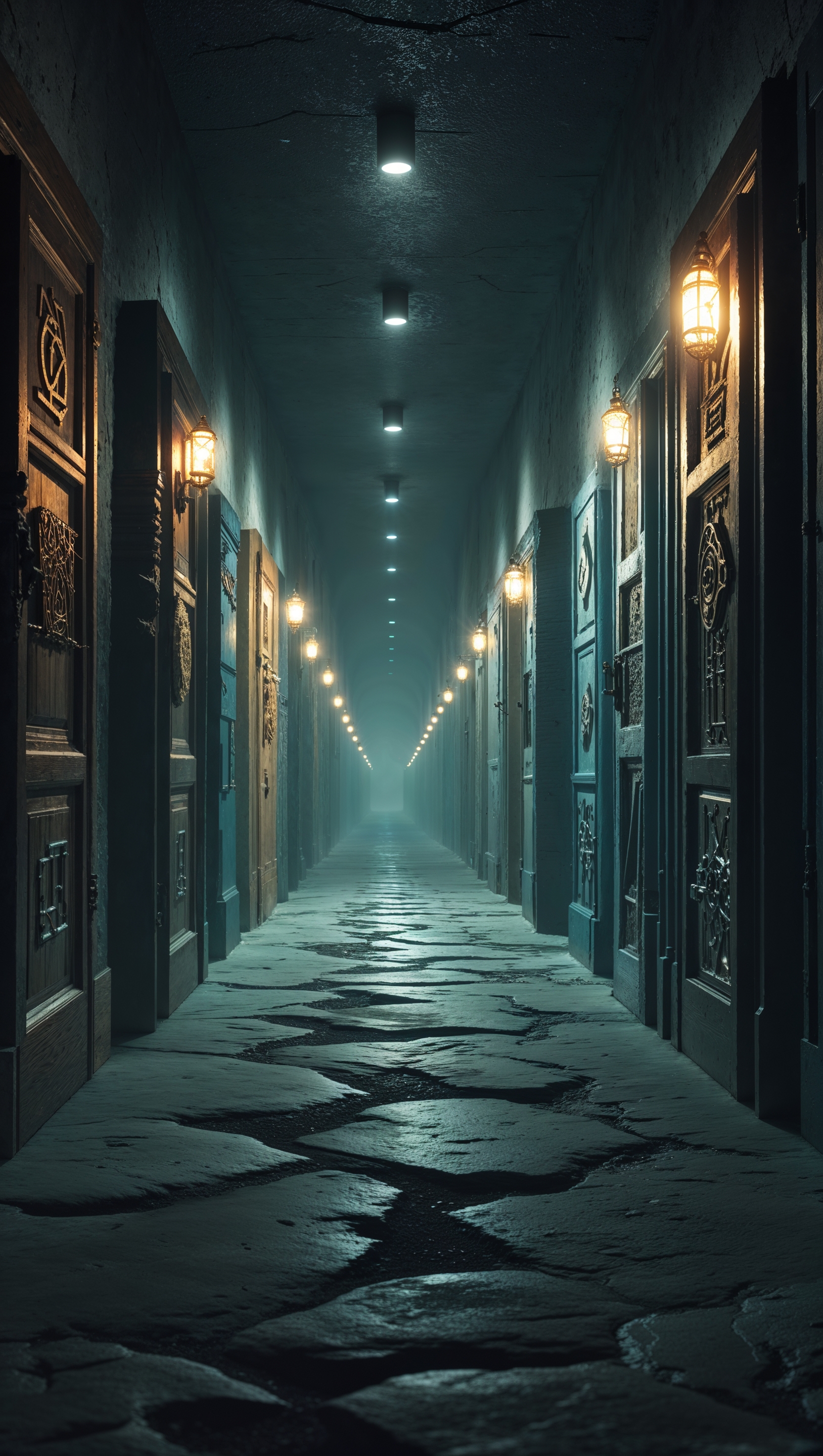 A hallway filled with closed doors, representing different paths of destiny
