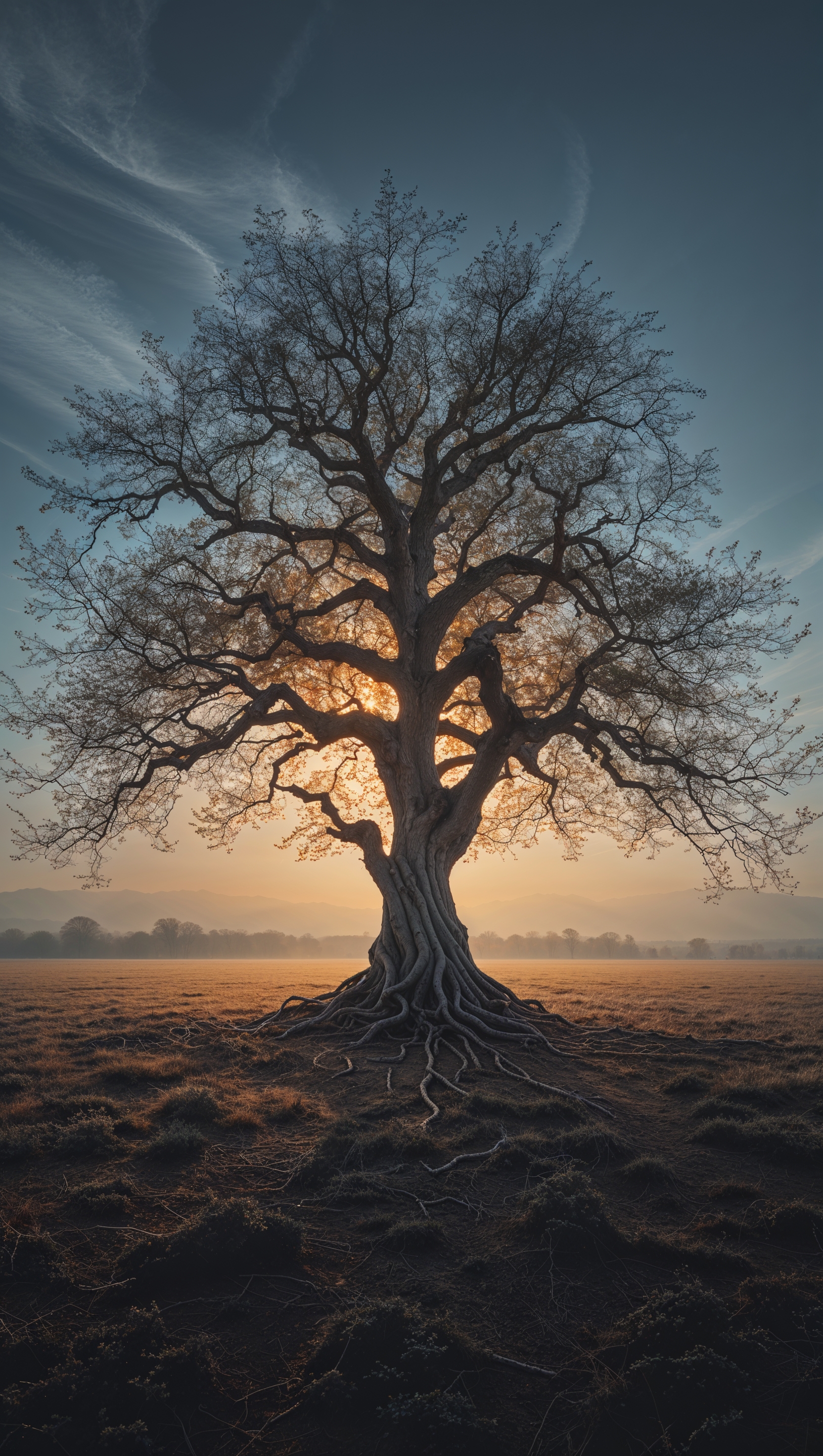 A tree in the center of a dark and light field, symbolizing destiny choice