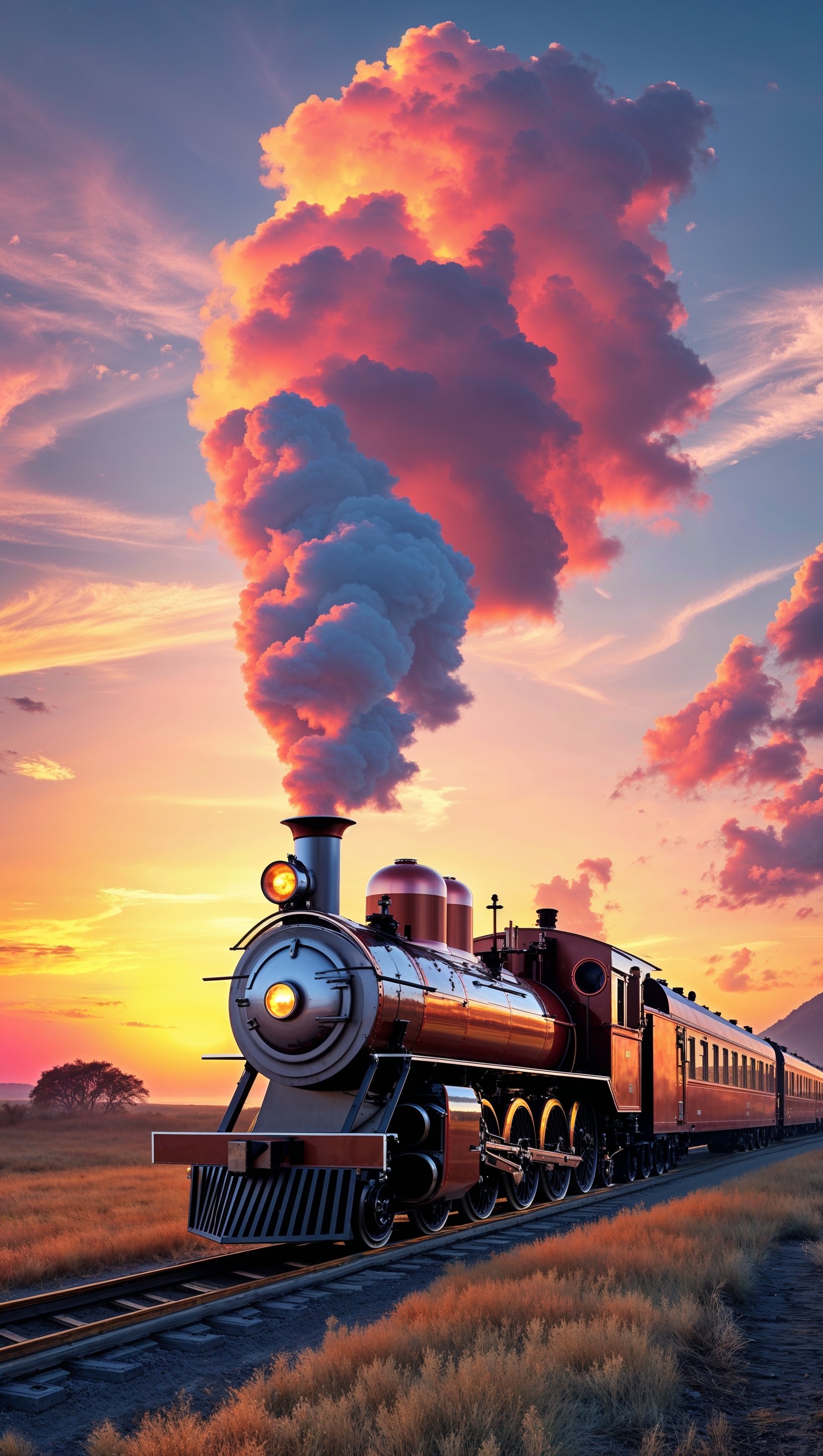 A train moving toward sunset, journey to destiny