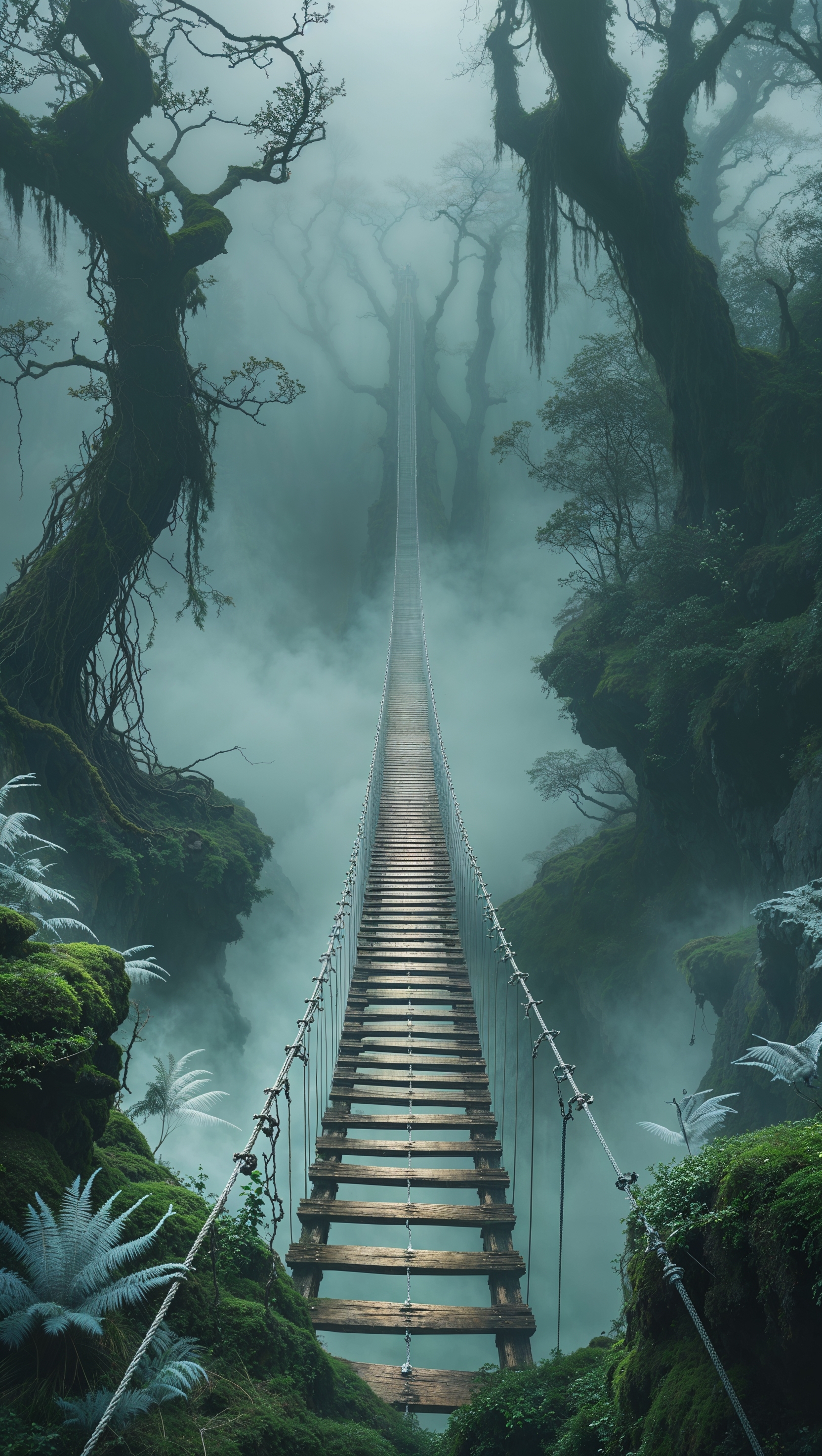 A hanging bridge in the mist, linking two worlds of fate