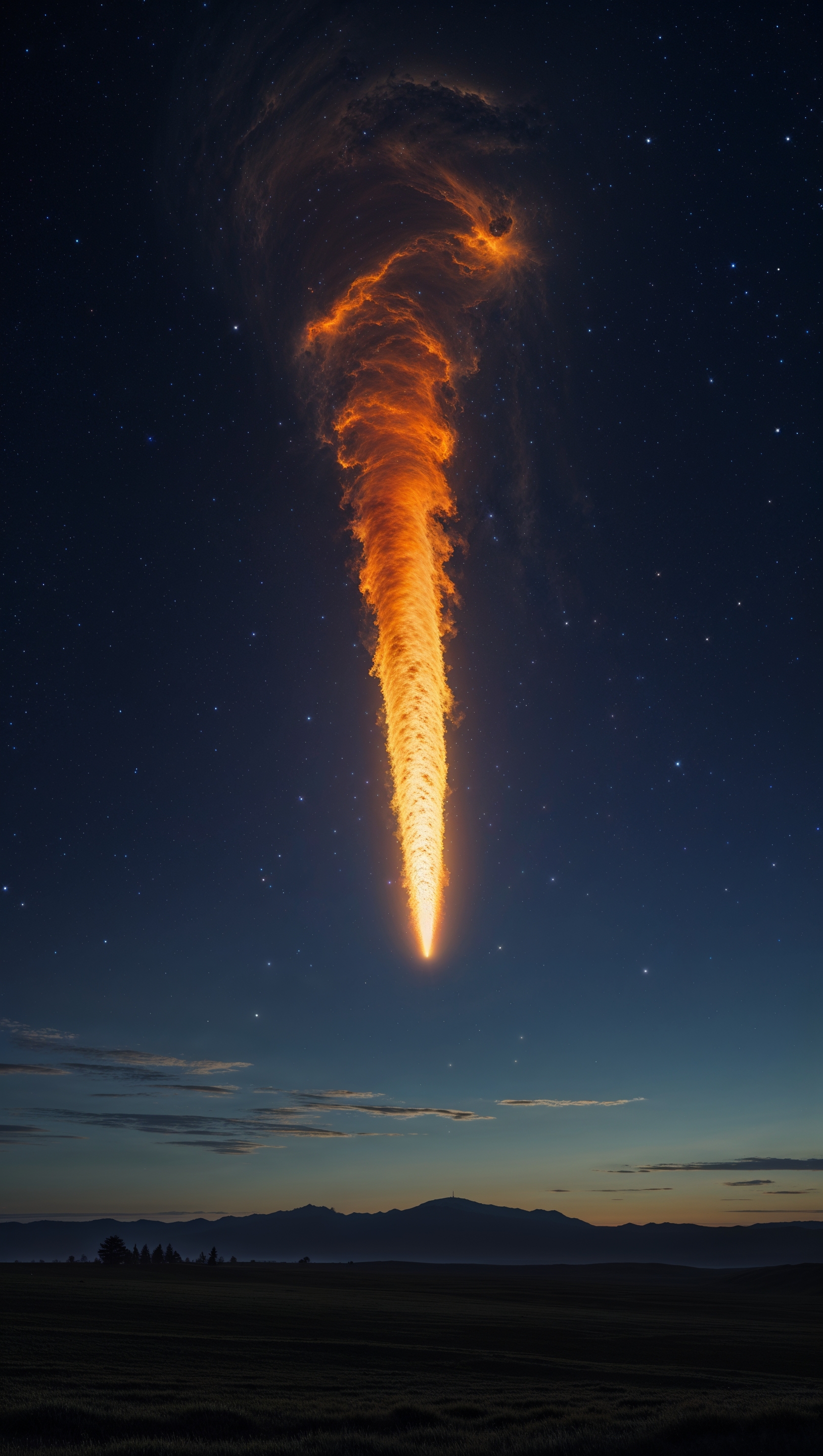 A meteor falling from the sky at night, representing inevitable destiny