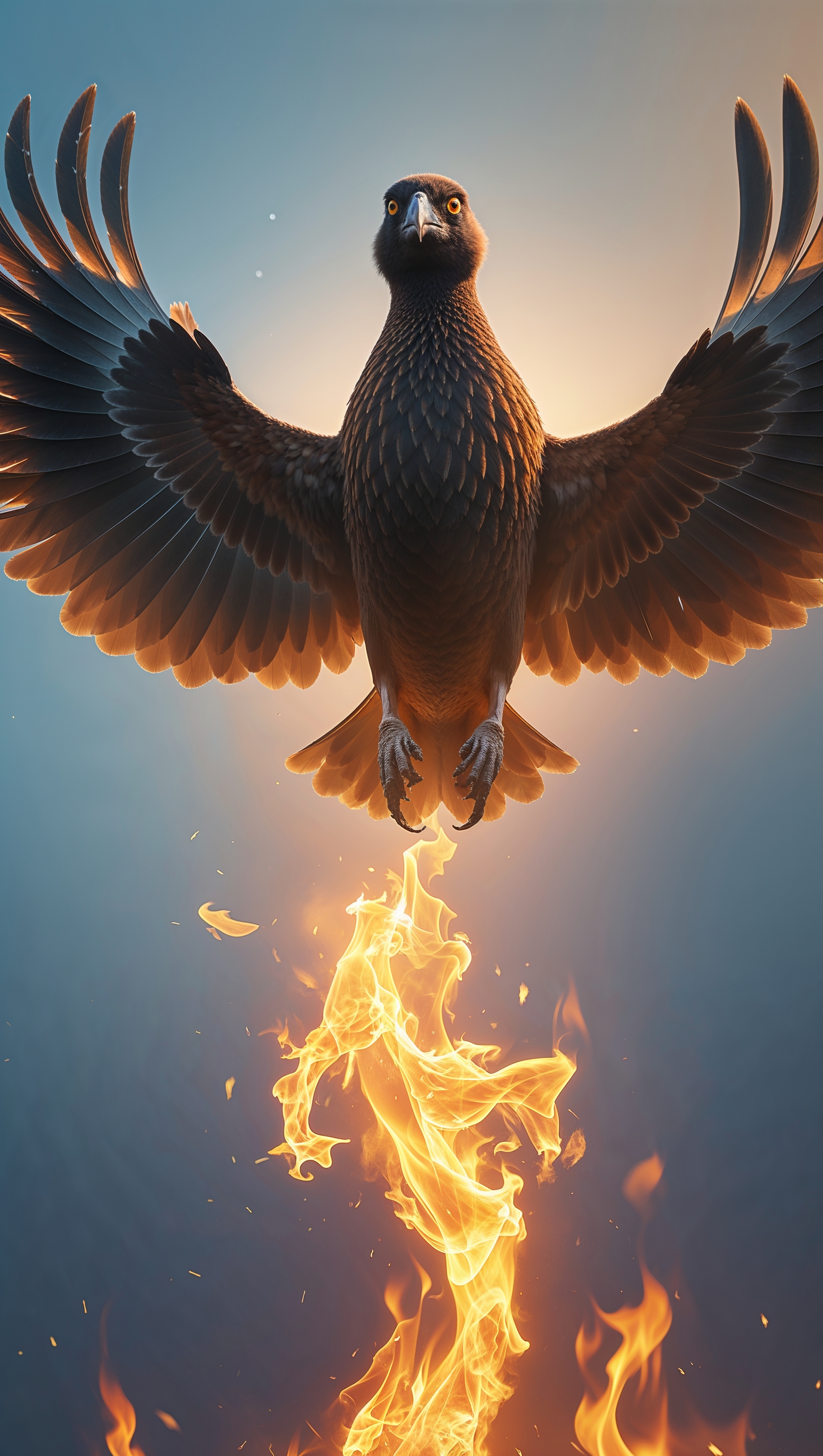 A bird flying from flames toward the light