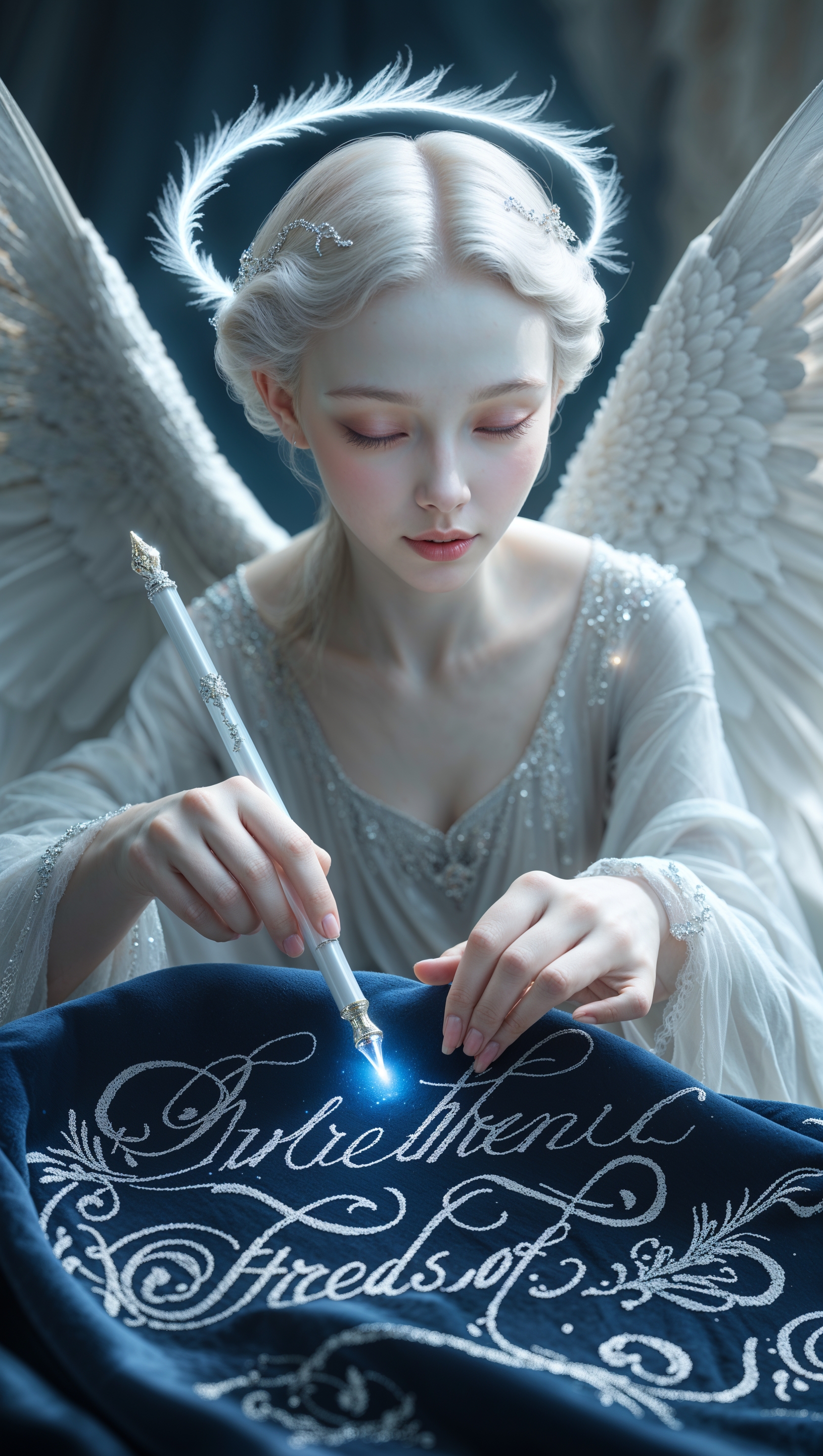 An angel writing destiny with a pen of light