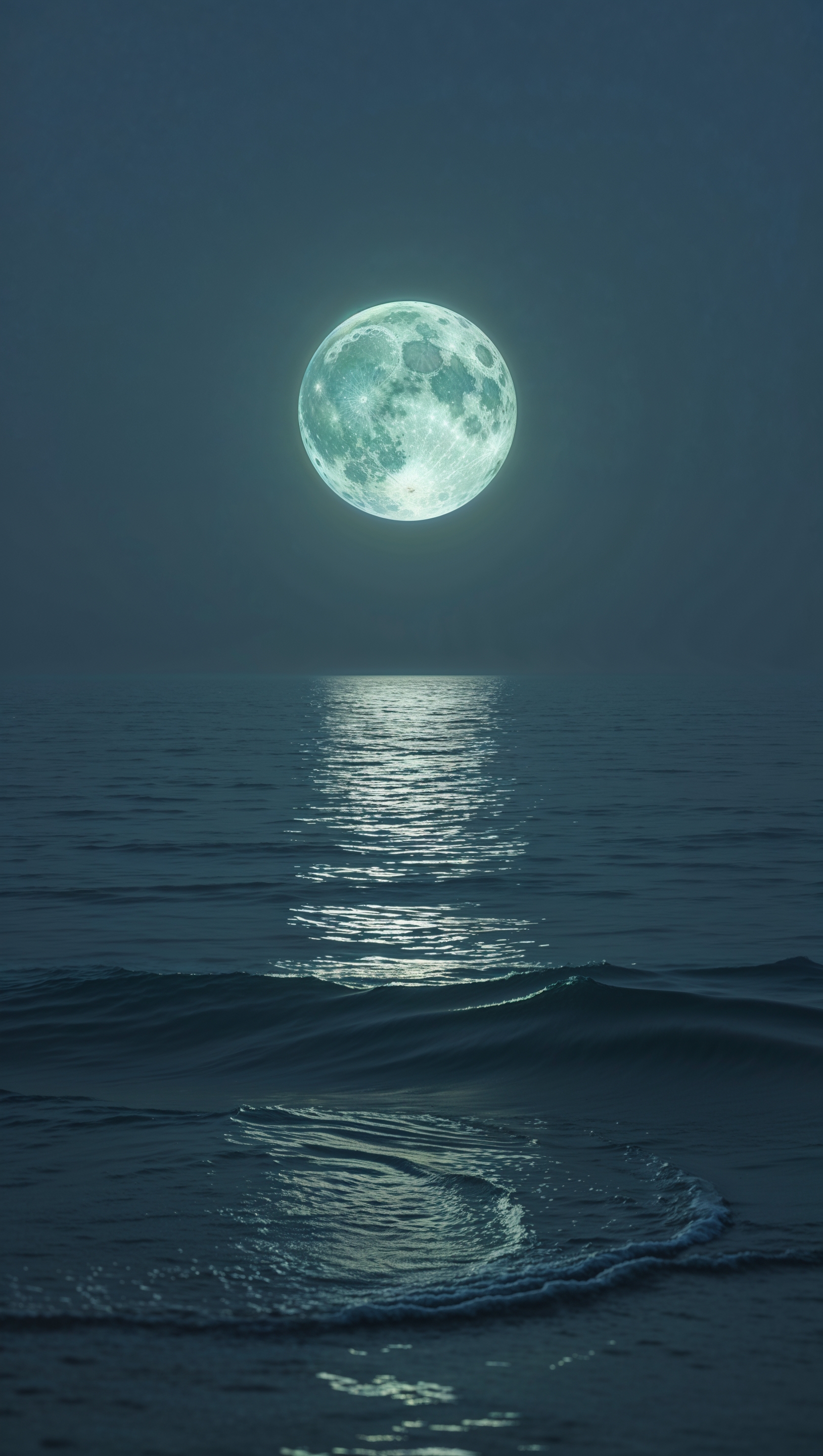 A full moon above the ocean, calm and fateful