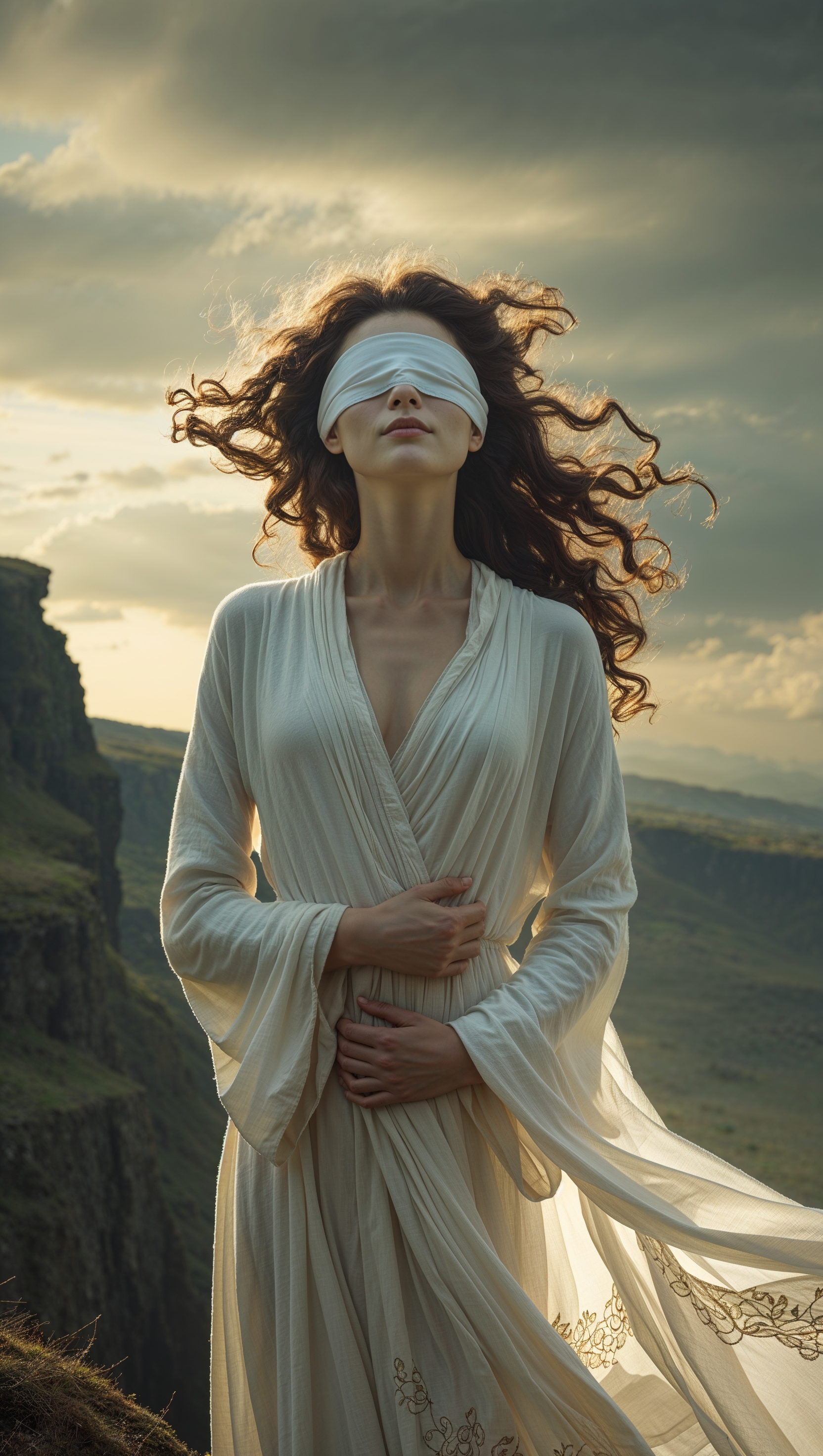 A blindfolded woman standing on a cliff, surrendering to fate