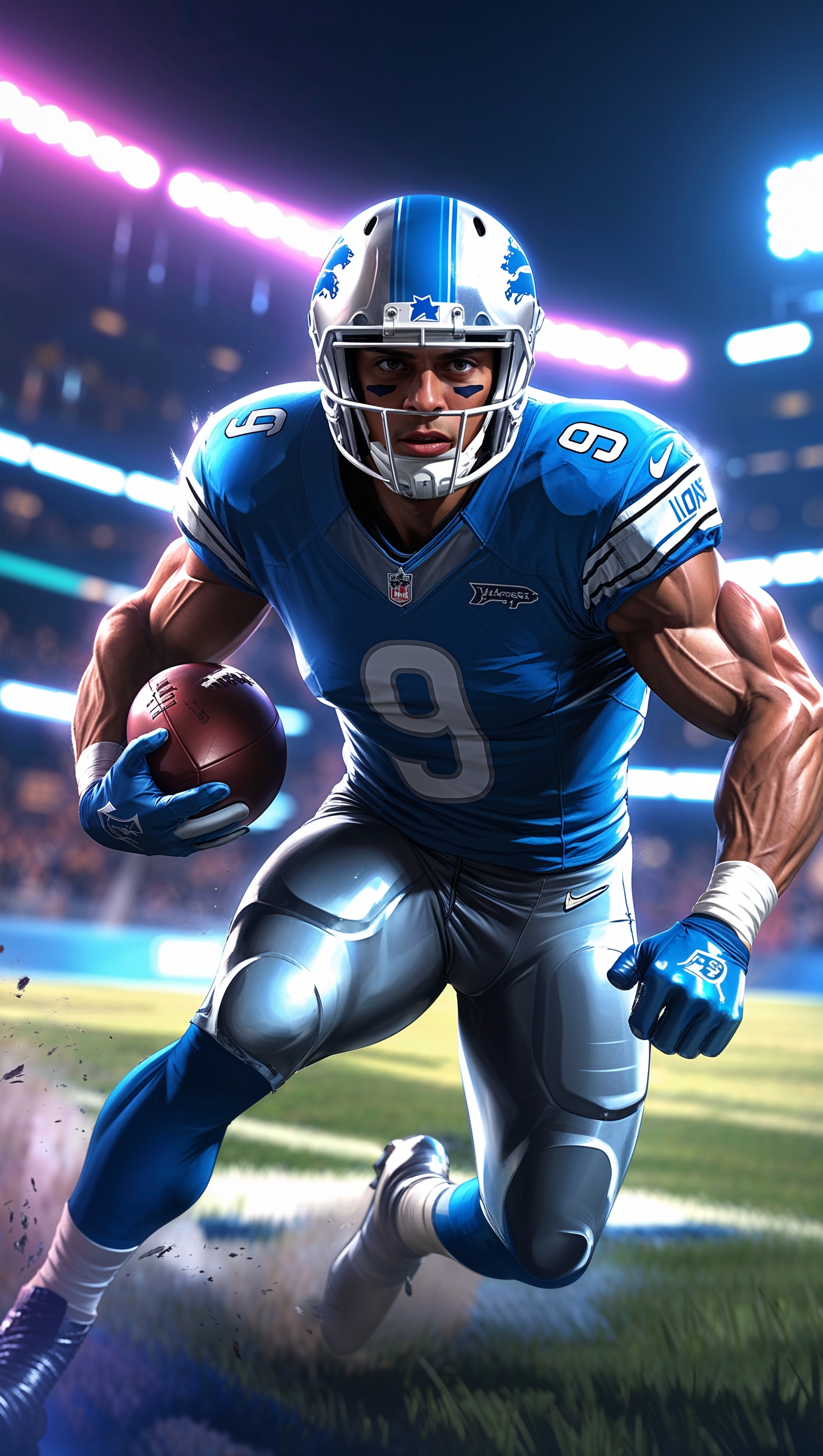 Concept art of a Detroit Lions player running with the football