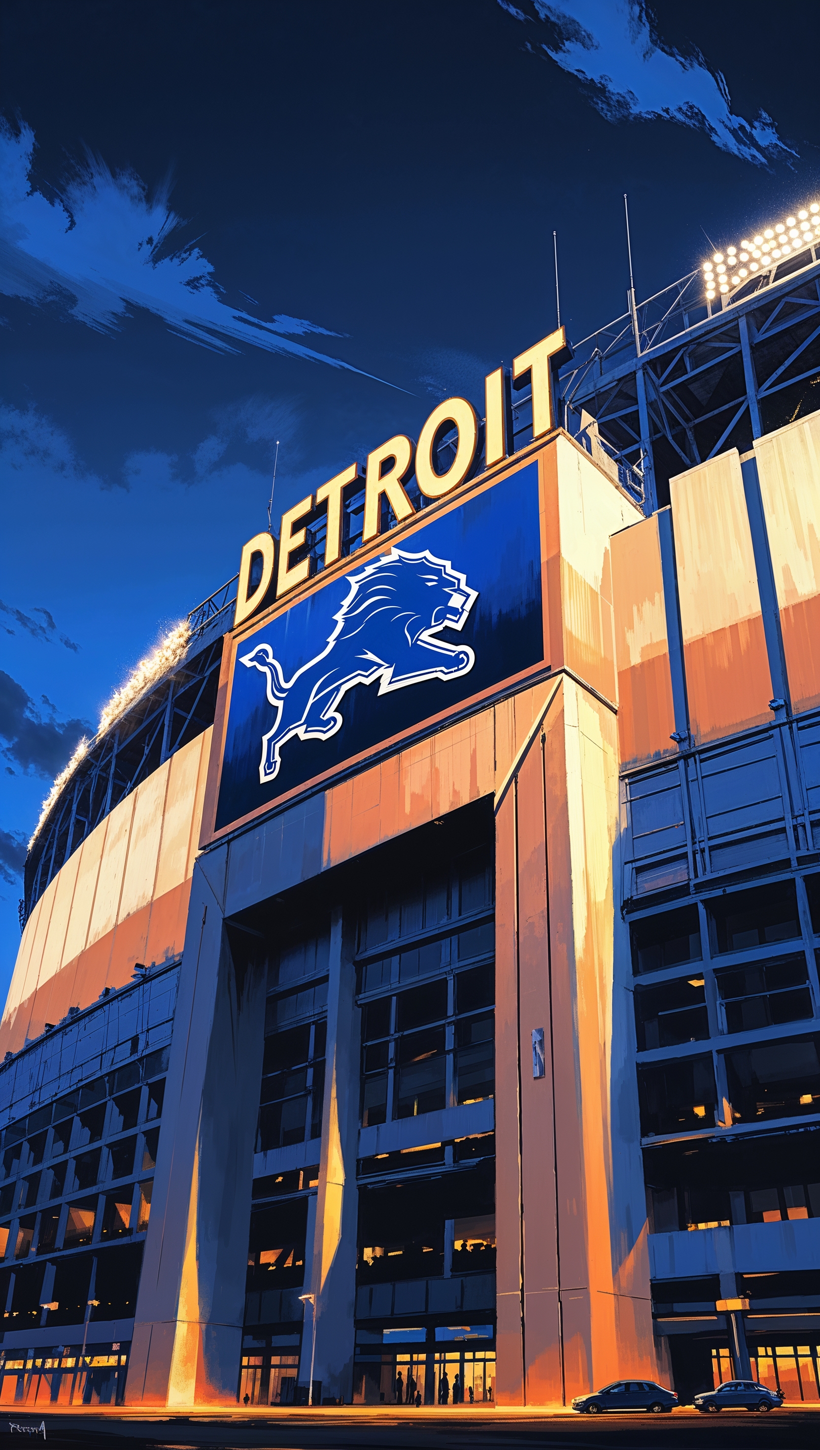 Cinematic view of Ford Field stadium with Detroit Lions logo