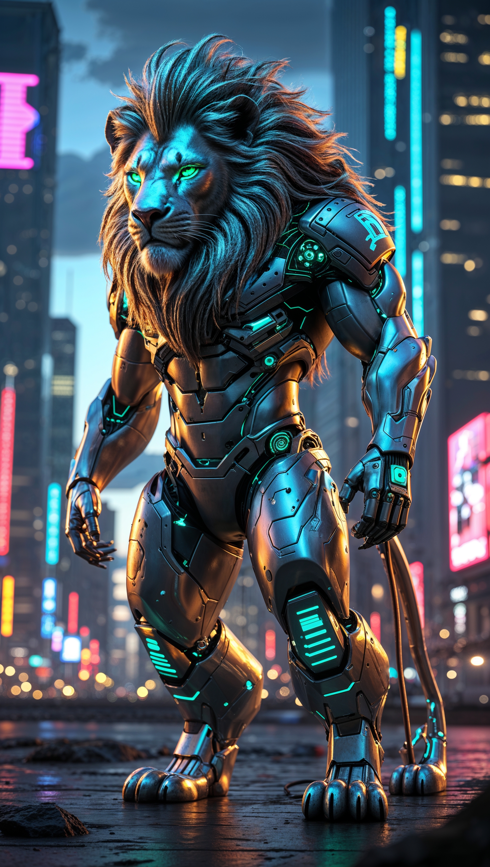 Cyberpunk lion of the Detroit Lions in a futuristic city