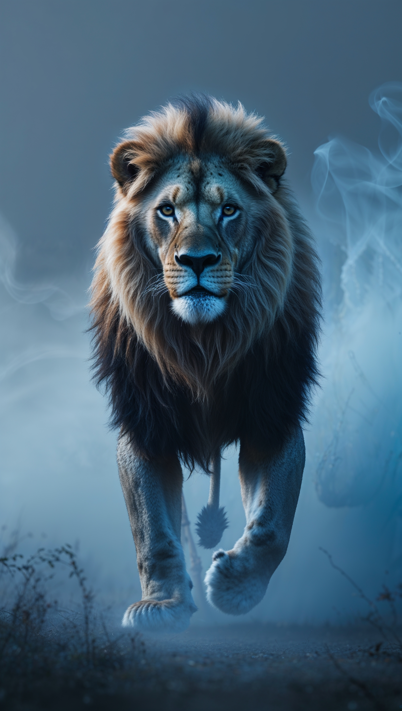 Lion in mist with soft blue lighting