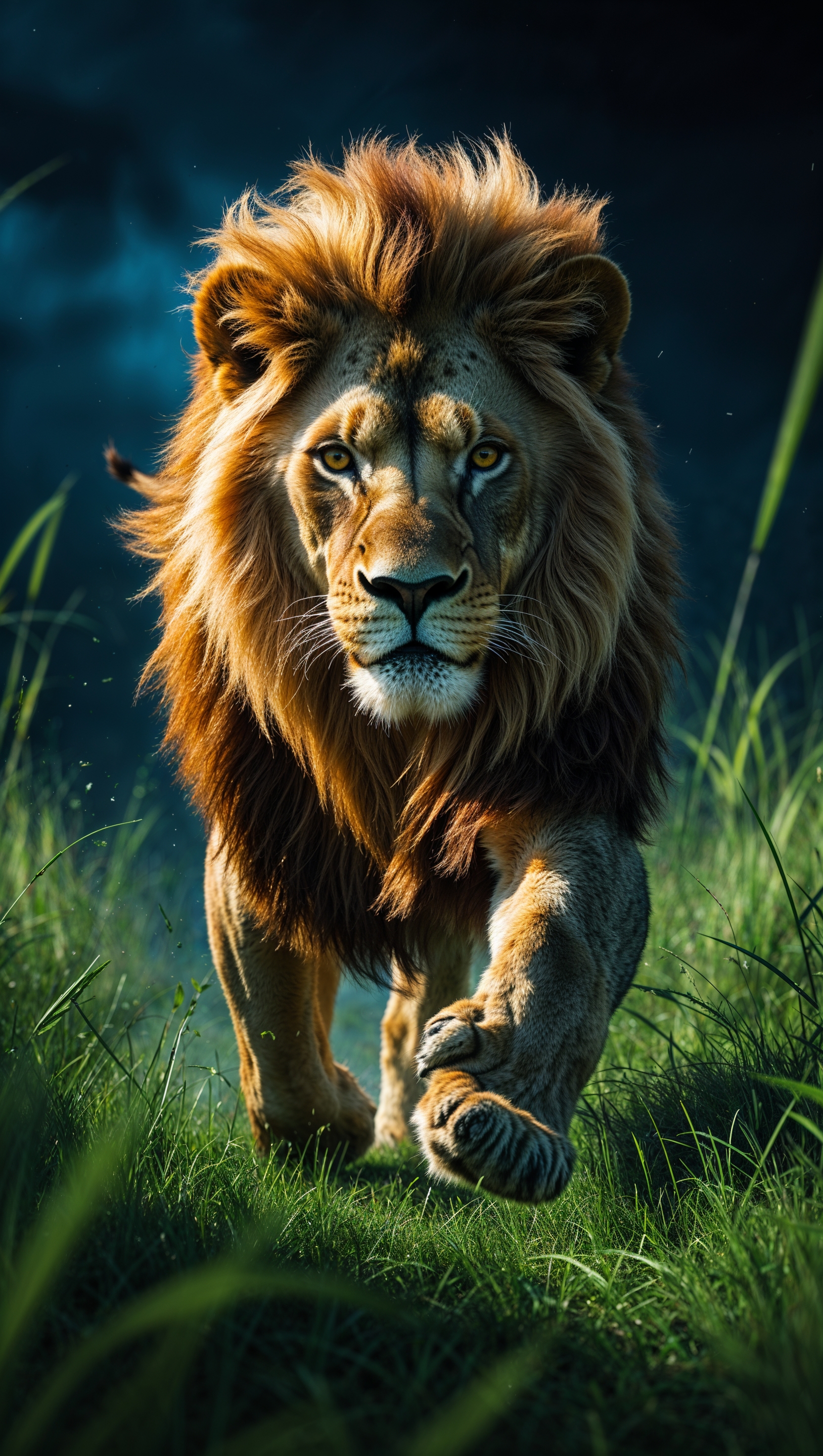 Lion running on grass with dark blue background