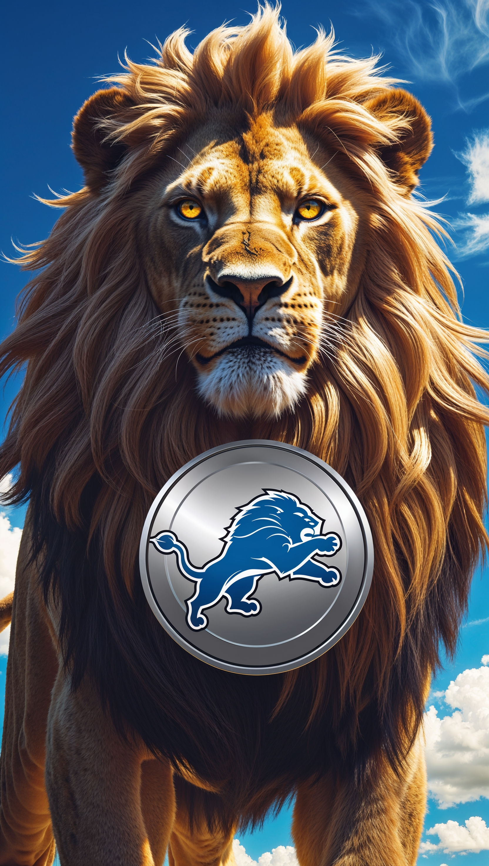 Detroit Lions team lion with a blue sky background and team logo