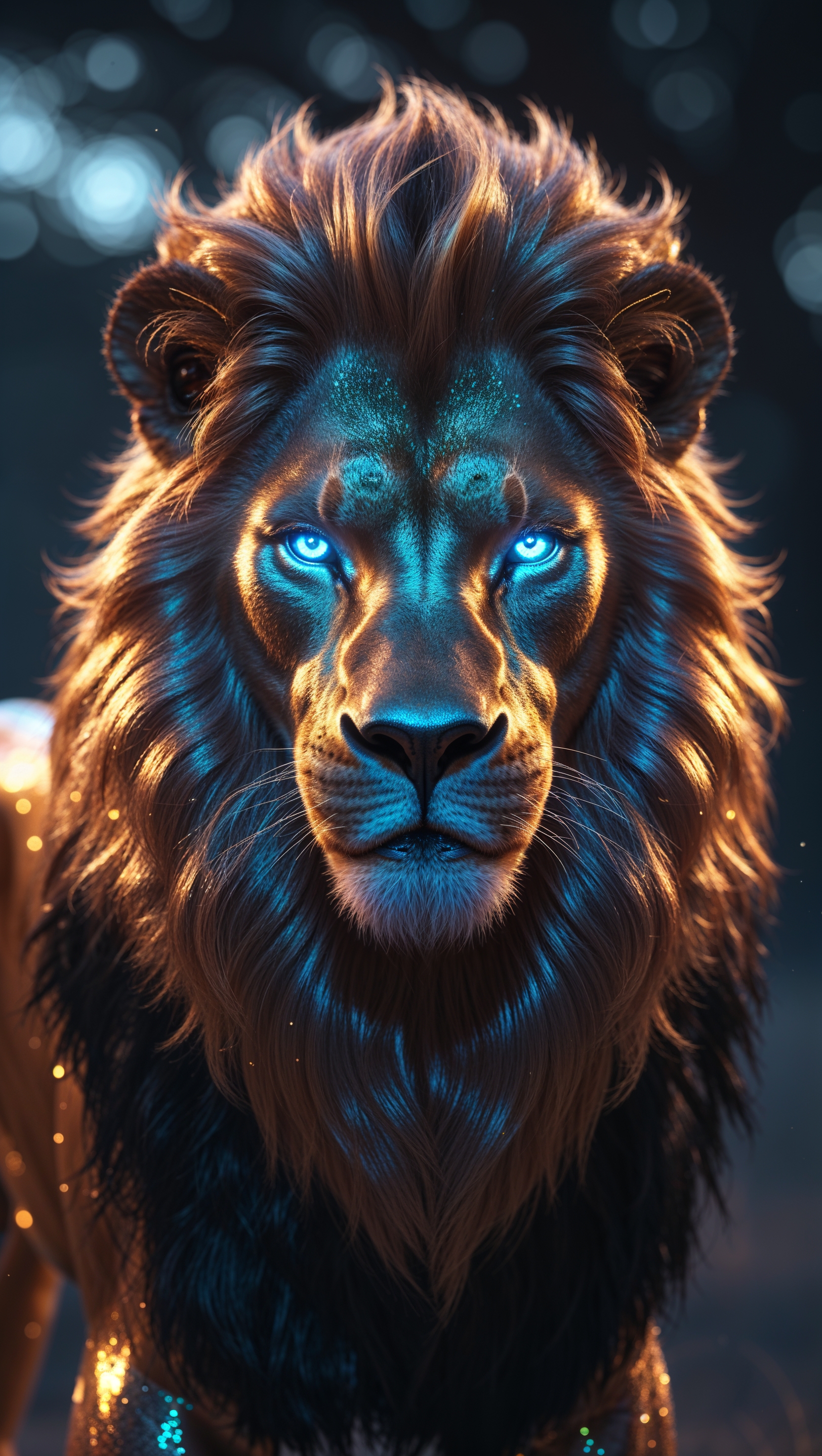 Digital lion with glowing blue eyes