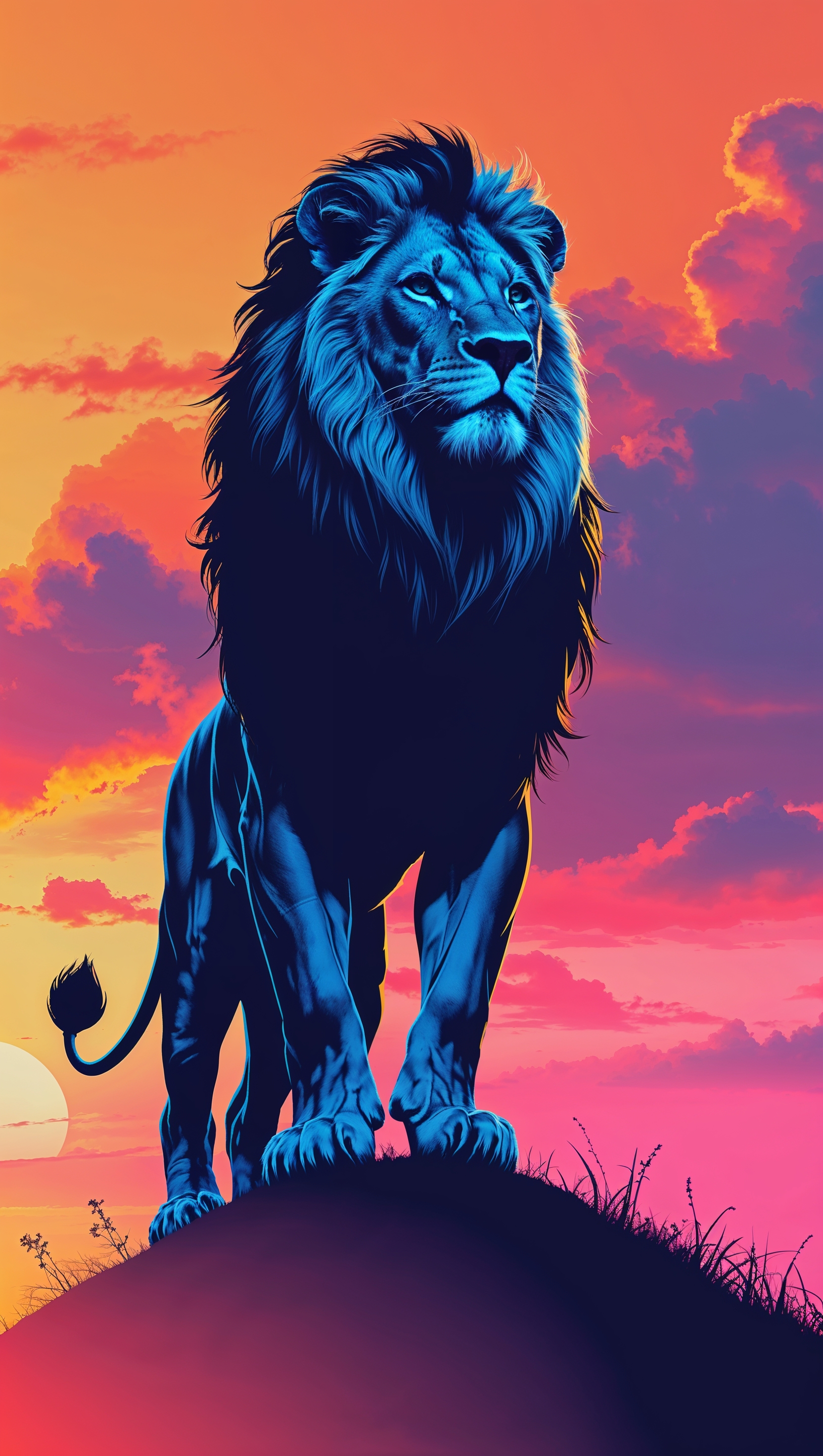 Fantasy scene of a lion with a crown and Detroit Lions logo