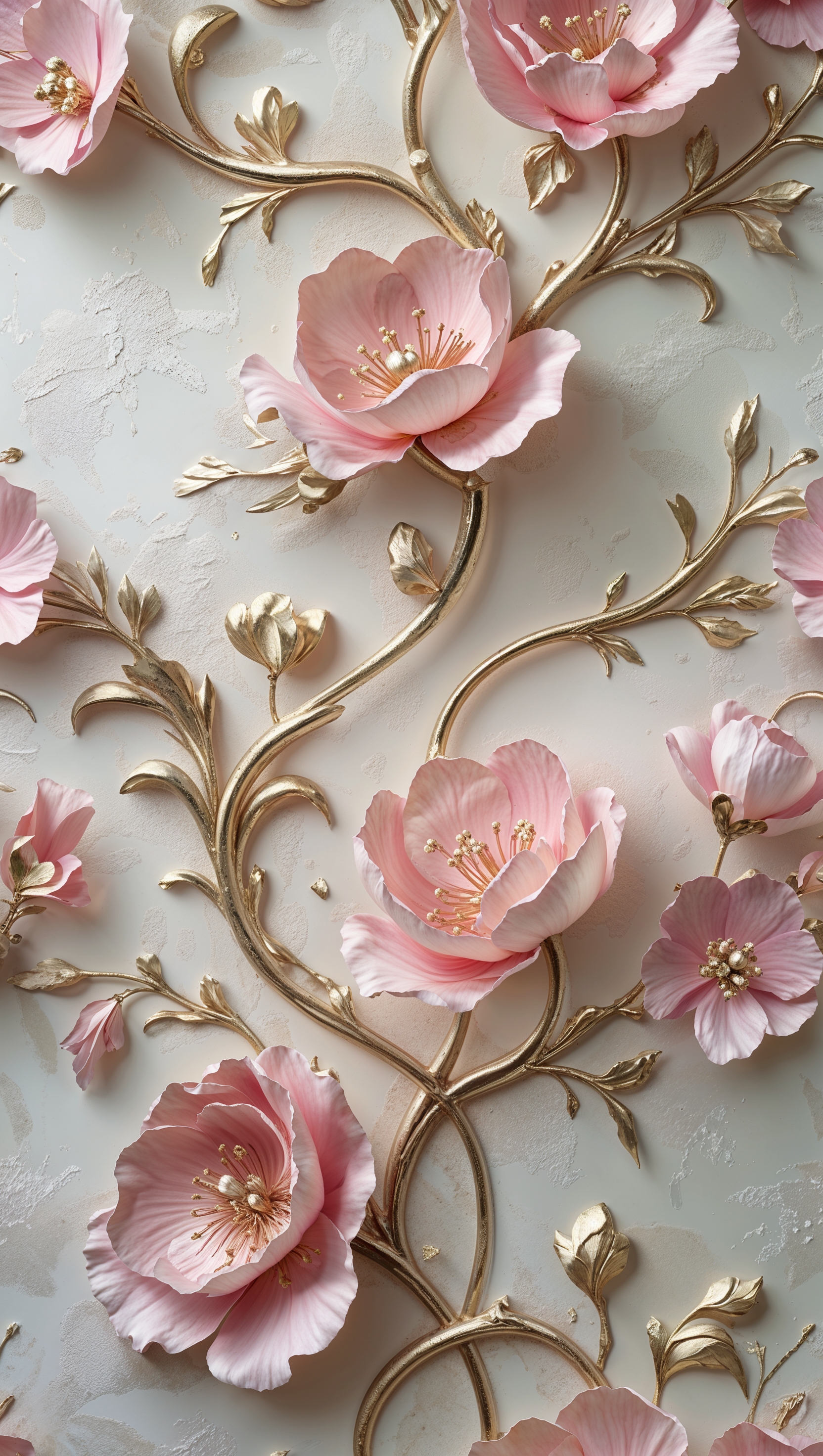Dior fantasy wallpaper with pink and gold floral elements, soft and elegant design