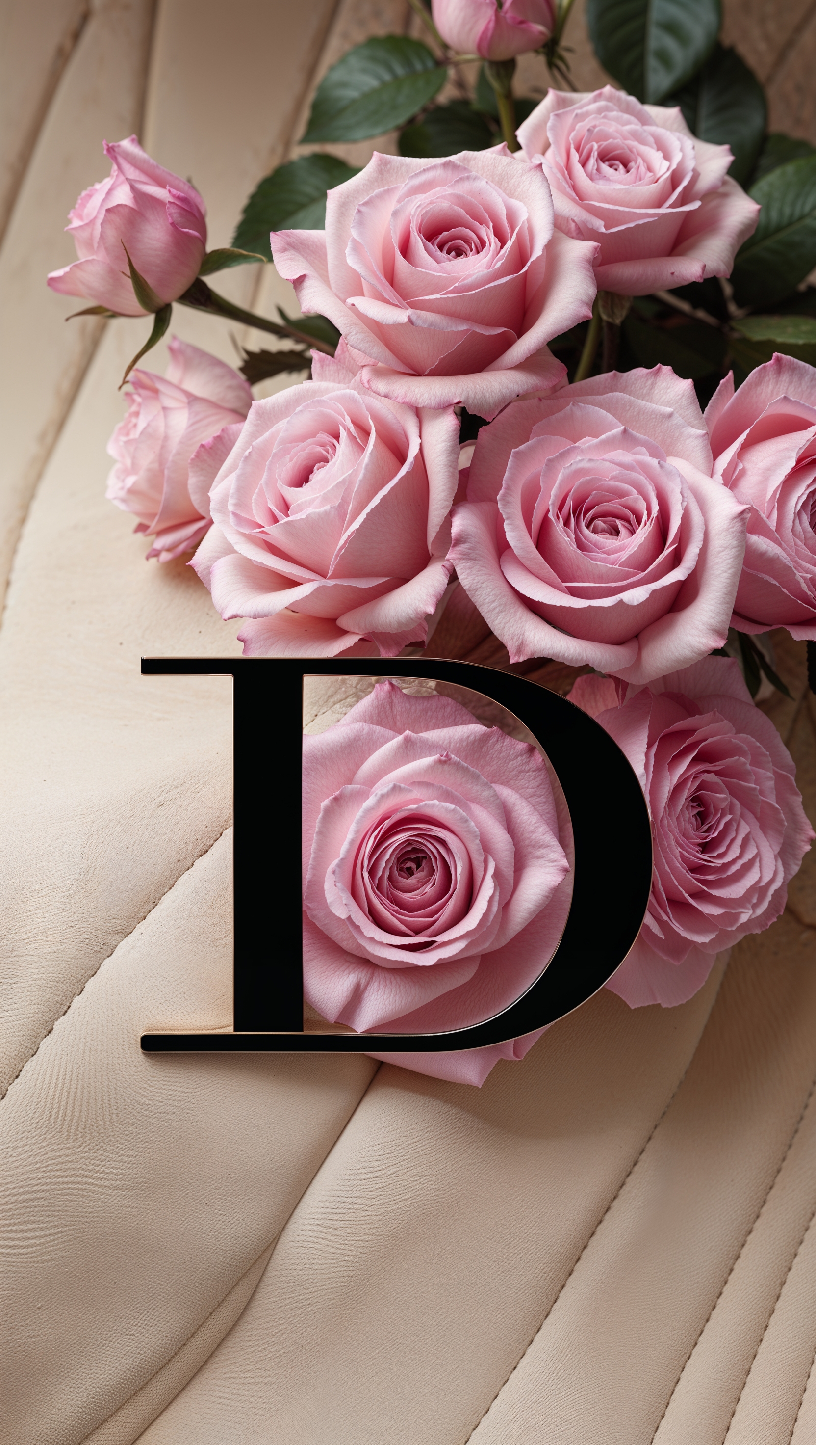 Dior logo with pink roses on a beige soft background