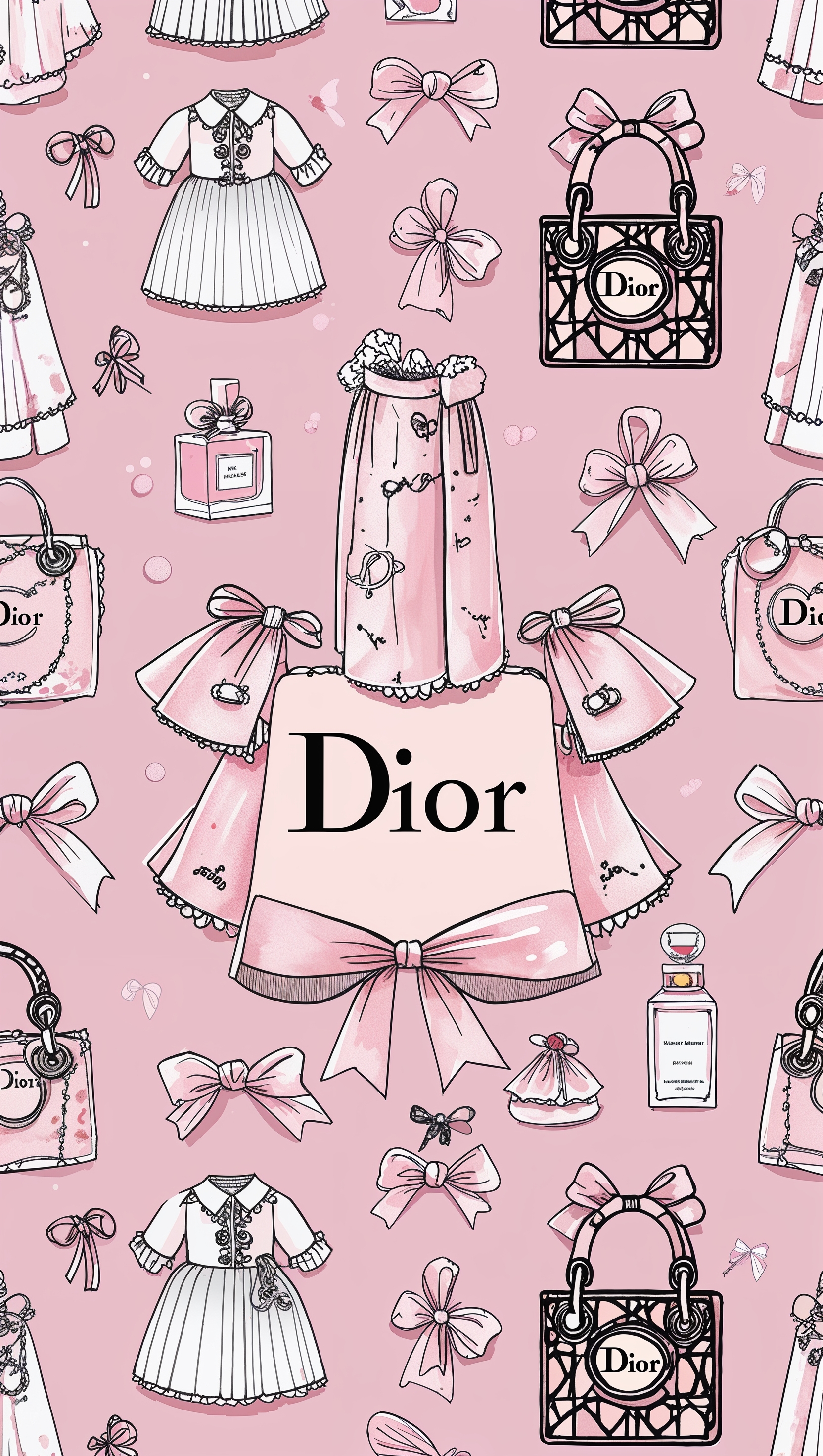 Cute and modern Dior cartoon-style wallpaper, girly fashion theme