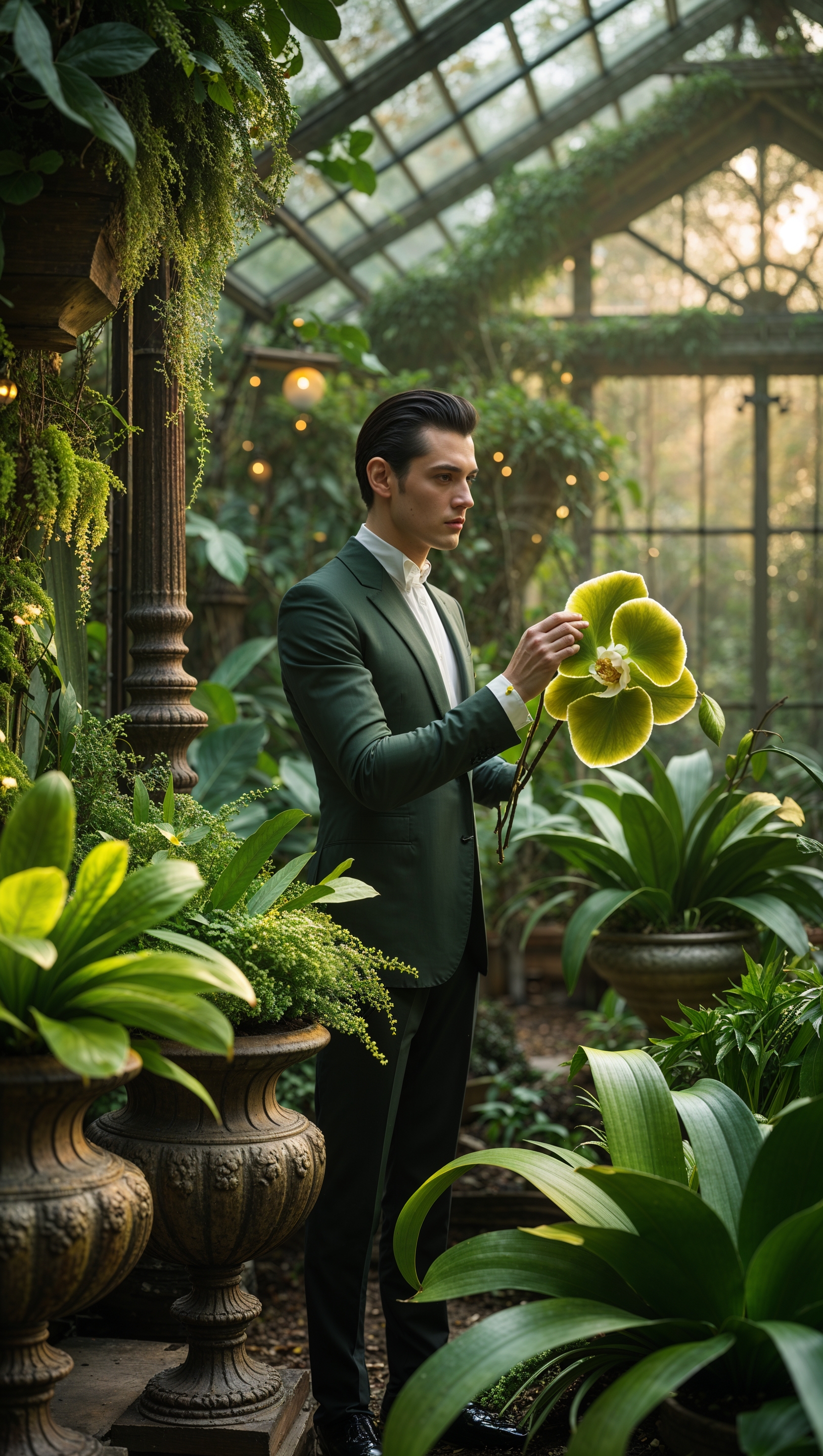 Dior surrounded by lush green plants in a glasshouse setting