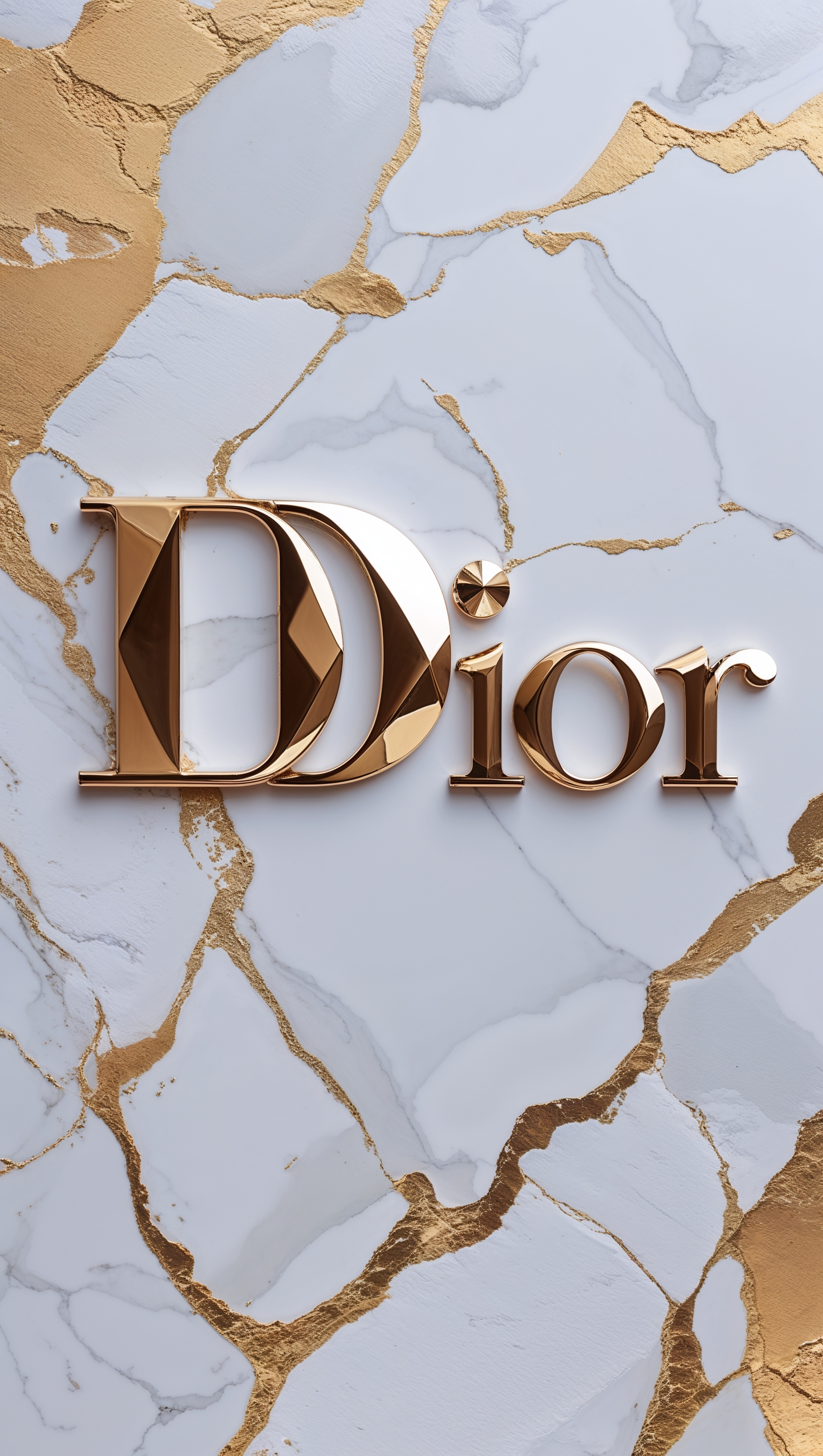 Dior logo on a white and gold marble background, elegant wallpaper, iPhone resolution