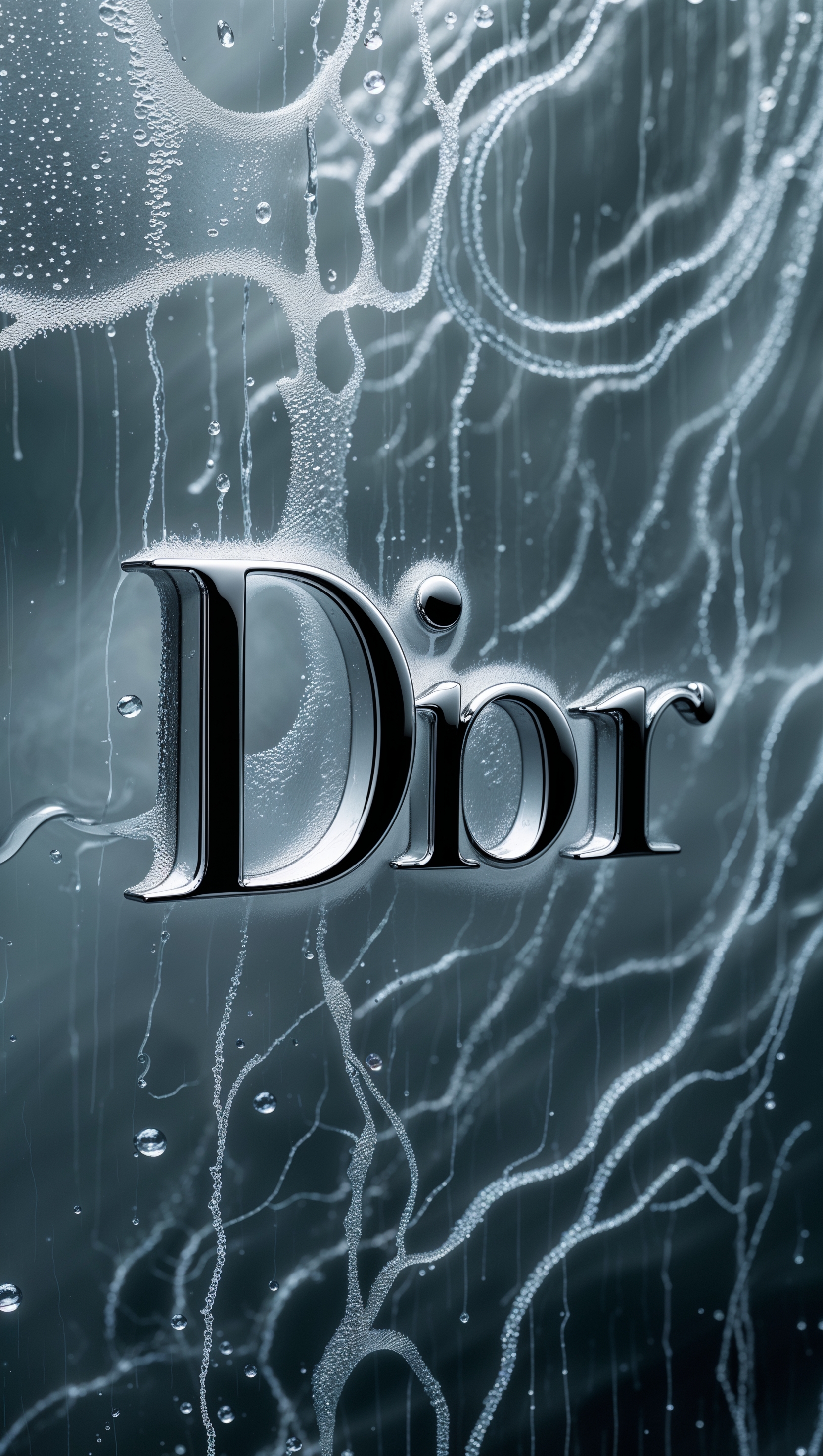 Dior logo on a rainy glass background with wet effect