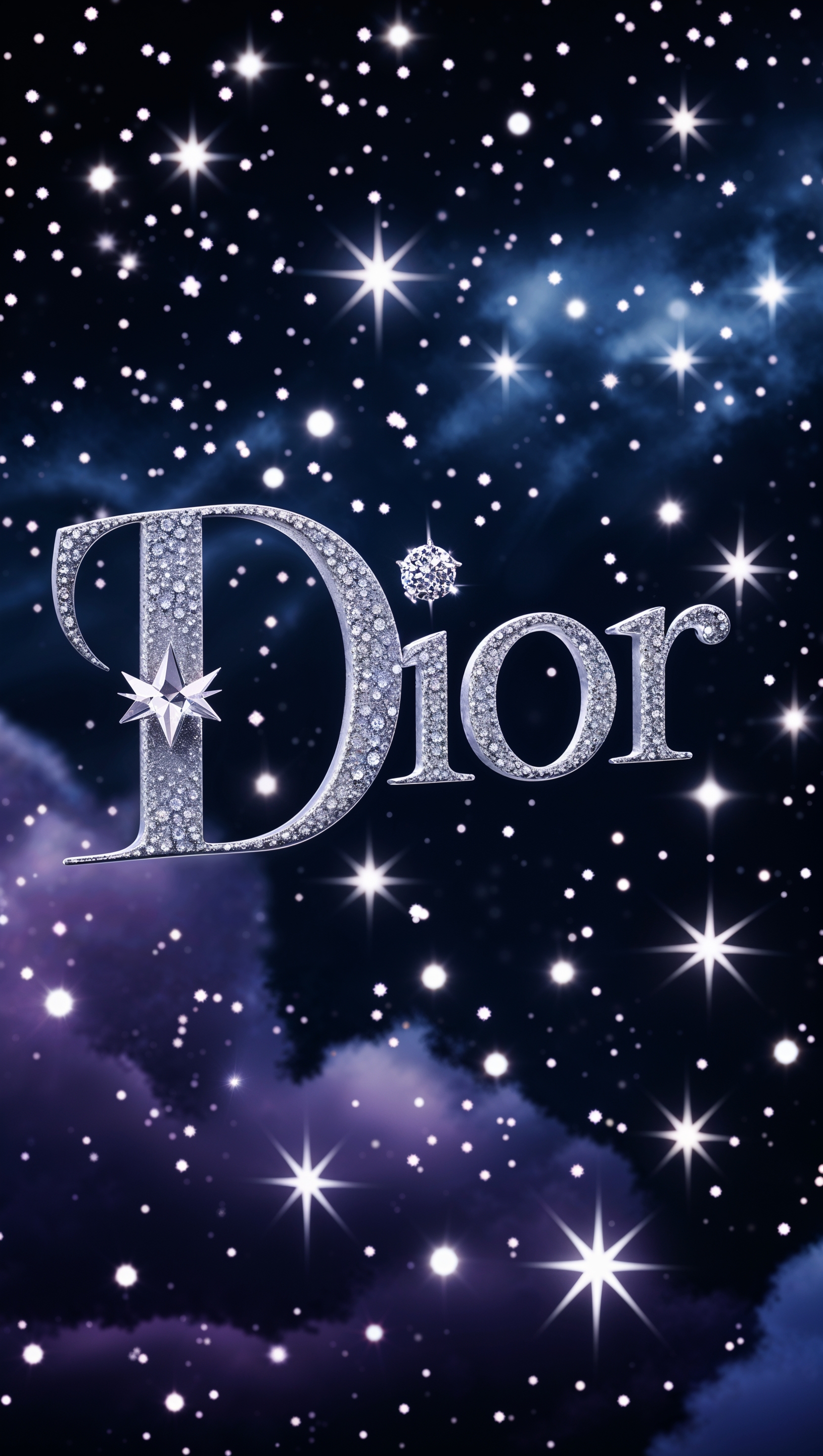 Dior logo over a starry night sky background, sparkling stars, premium aesthetic